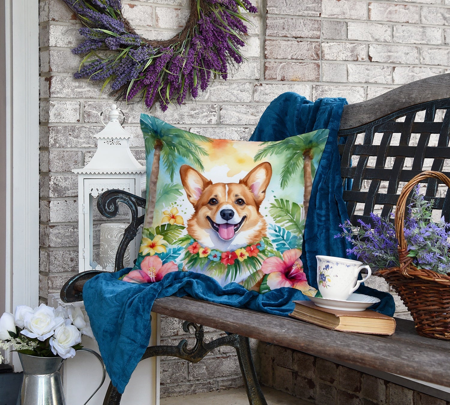 Corgi Luau Decorative Throw Pillow 18x18 Indoor Outdoor Accent Cushion, Fabric Cover with Insert for Sofa, Bed, Porch & Living Room