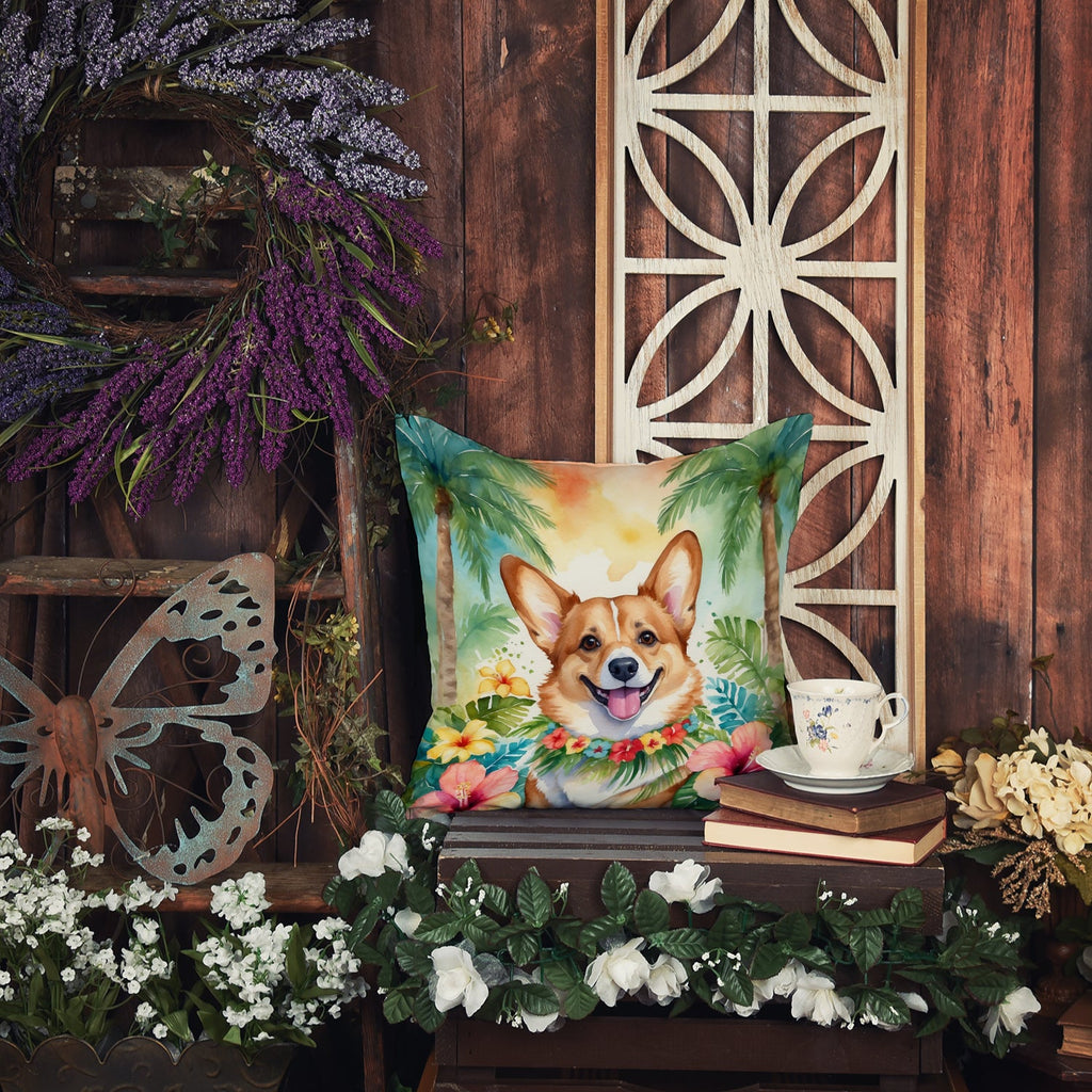 Corgi Luau Decorative Throw Pillow 18x18 Indoor Outdoor Accent Cushion, Fabric Cover with Insert for Sofa, Bed, Porch & Living Room