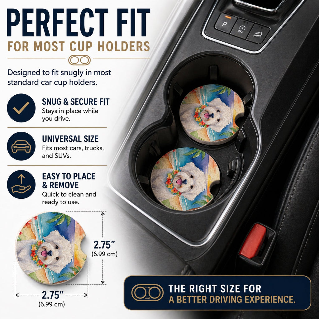 Coton de Tulear Luau Set of 2 Cup Holder Car Coasters Absorbent Round Sandstone Coasters Gifts for Men or Women, 2.5, Multicolor