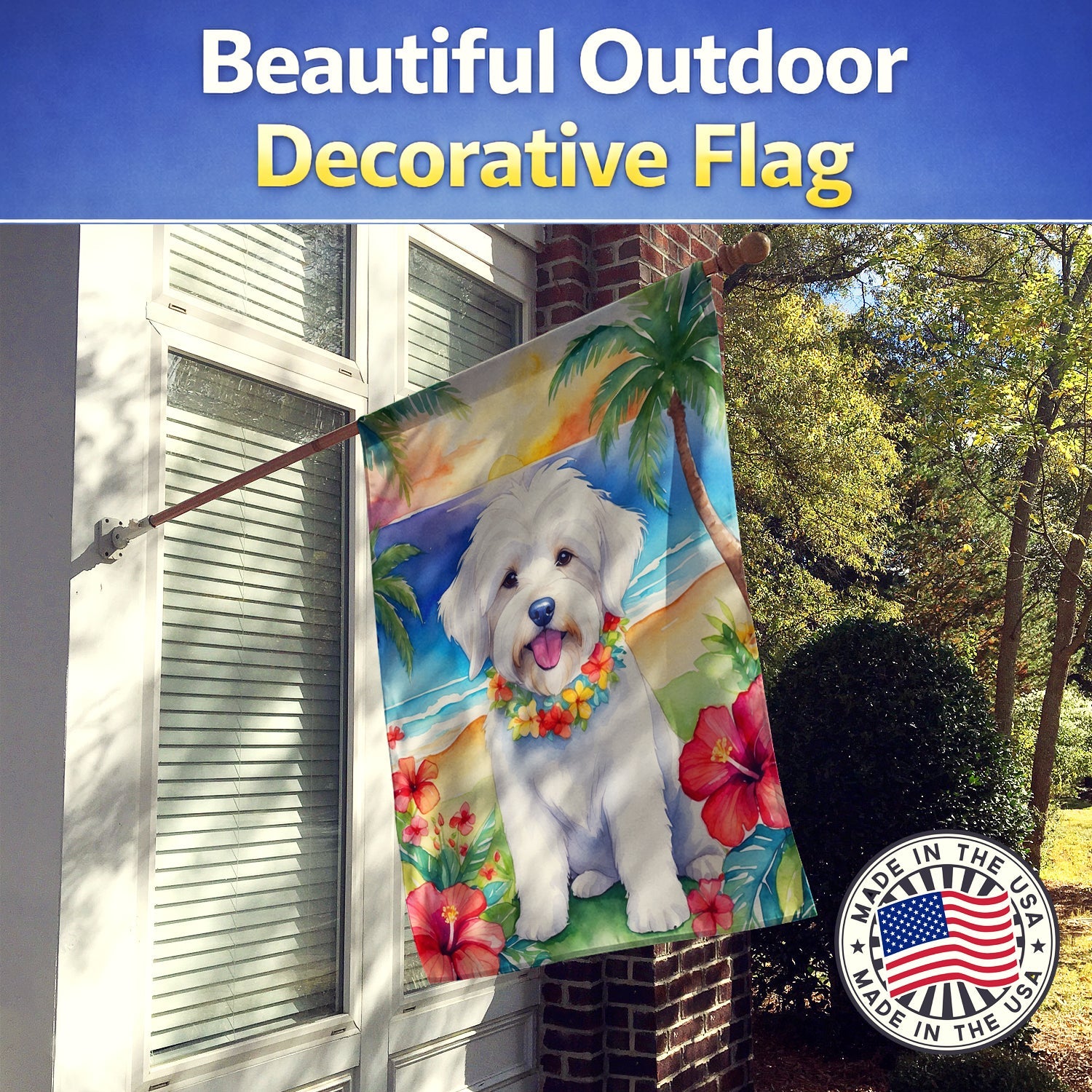 Coton de Tulear Luau House Flag 28x40 Porch Sleeve Pole Decorative Outside Yard Banner Artwork Wall Hanging, Polyester