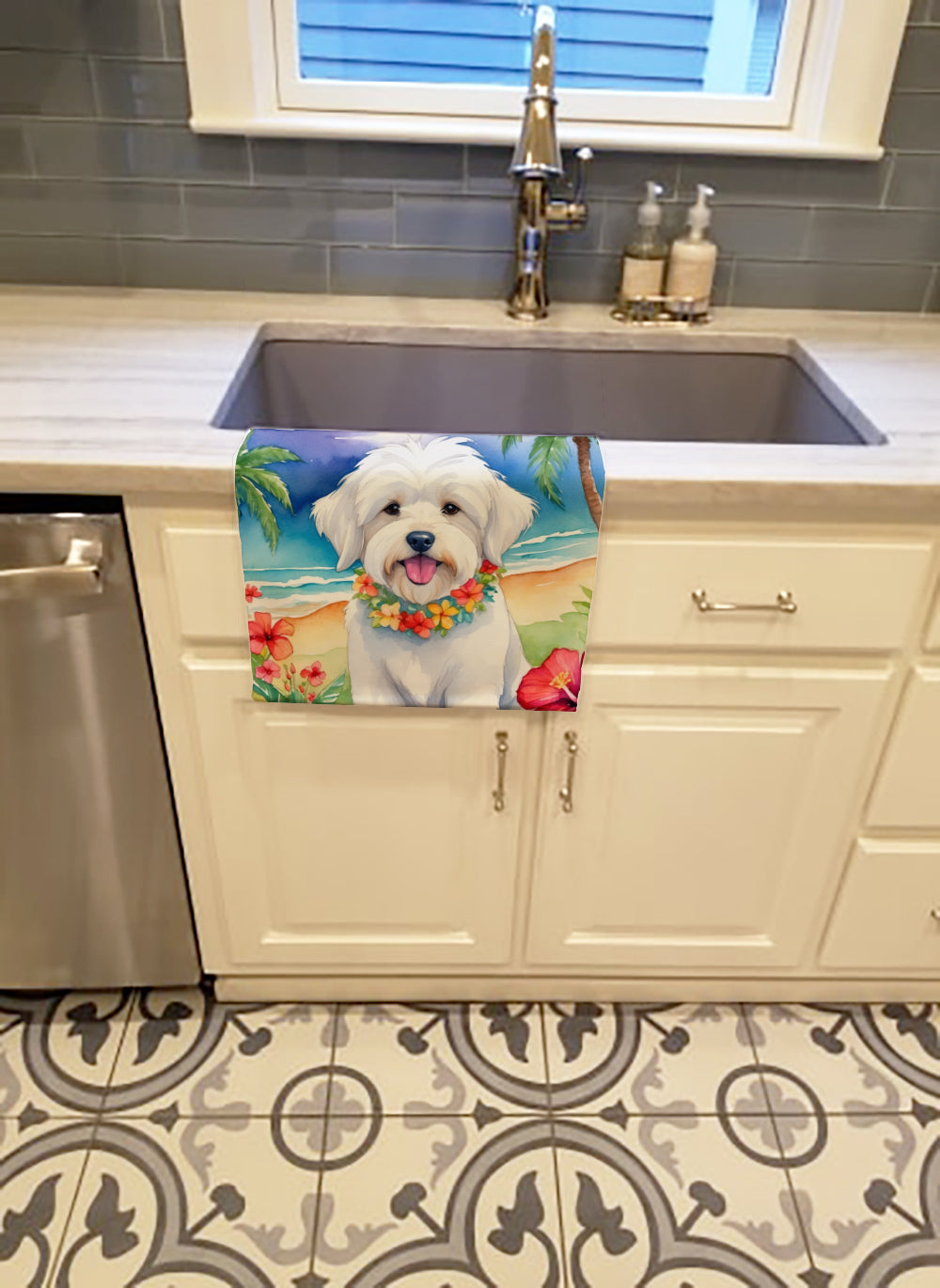 Coton de Tulear Luau Kitchen Towel Velour Plush Front and Cotton Loop Back Machine Washable