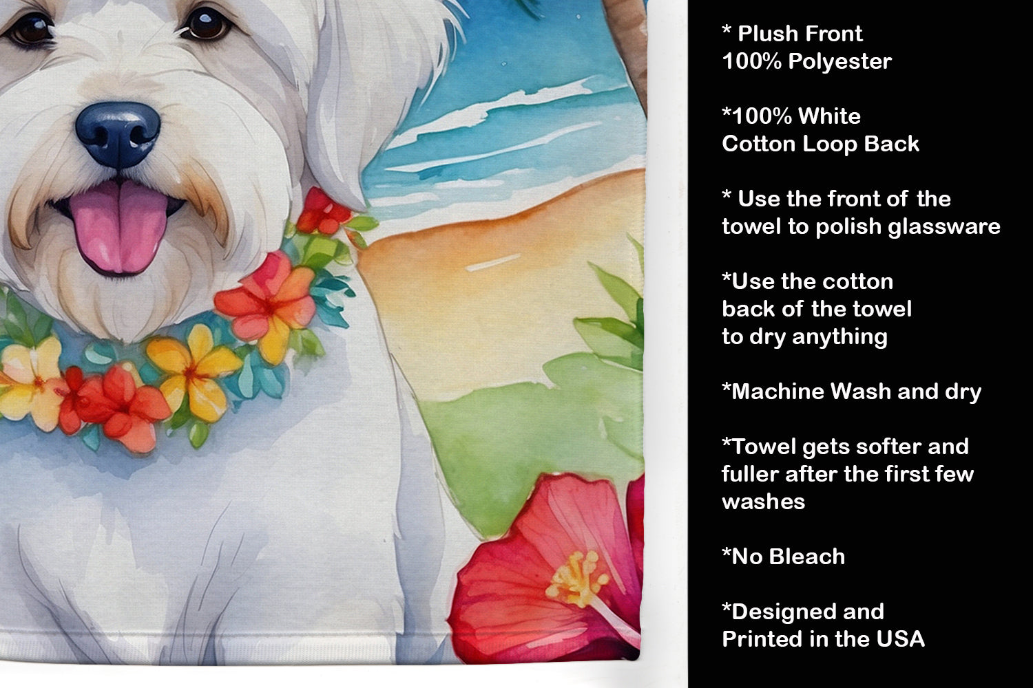 Coton de Tulear Luau Kitchen Towel Velour Plush Front and Cotton Loop Back Machine Washable
