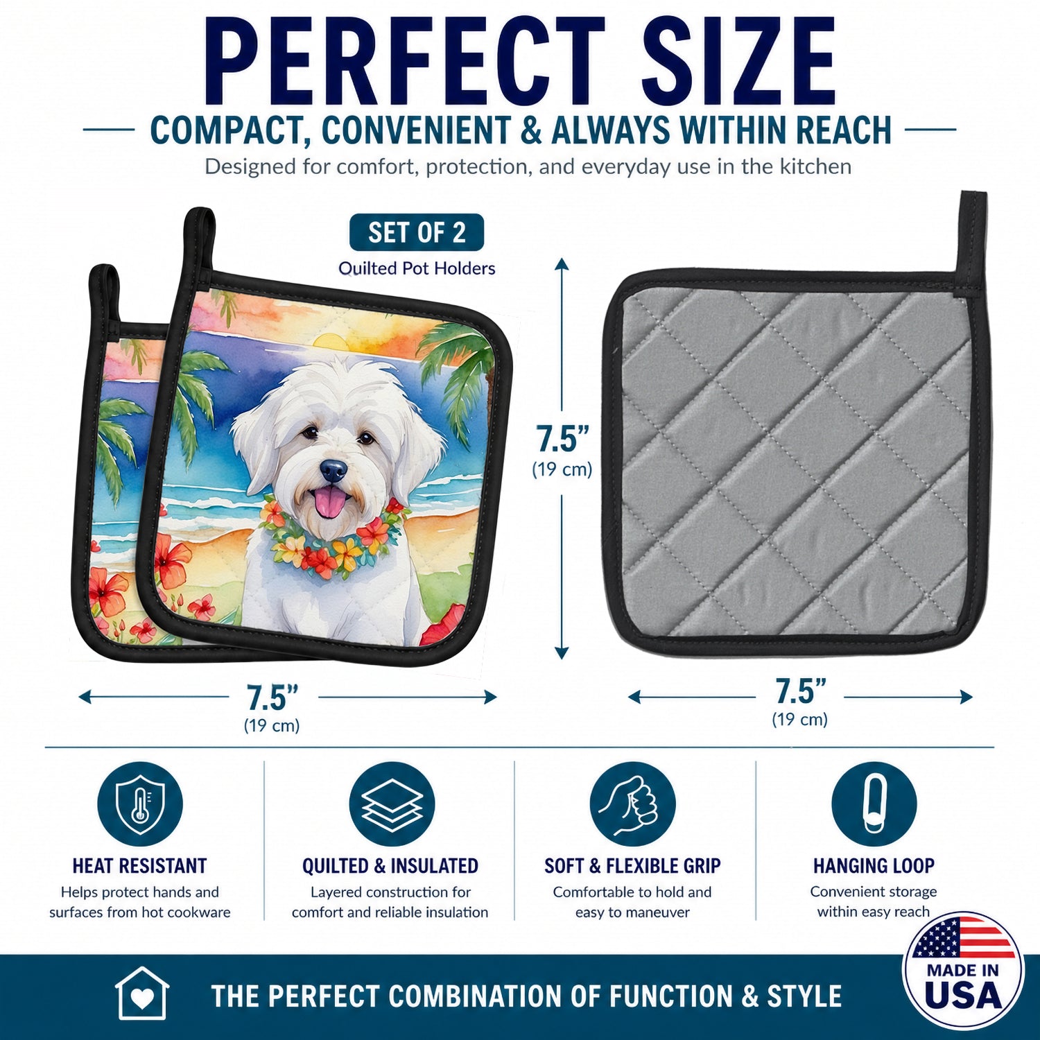 Coton de Tulear Luau Pot Holder Set of 2 Heat Resistant Quilted Hot Pads 7.5 x 7.5 Inch, Insulated Kitchen Trivets for Cooking & Baking
