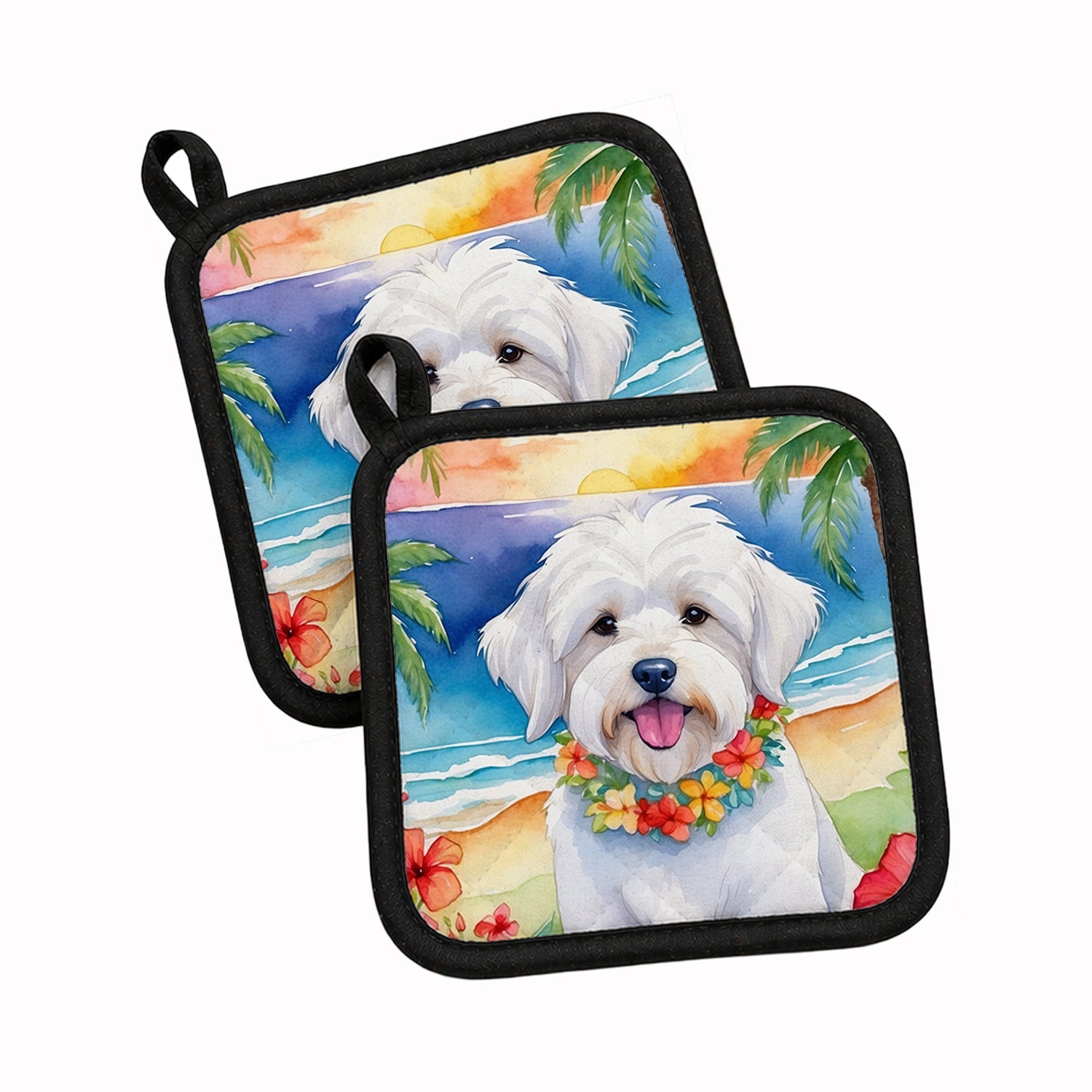 Coton de Tulear Luau Pot Holder Set of 2 Heat Resistant Quilted Hot Pads 7.5 x 7.5 Inch, Insulated Kitchen Trivets for Cooking & Baking