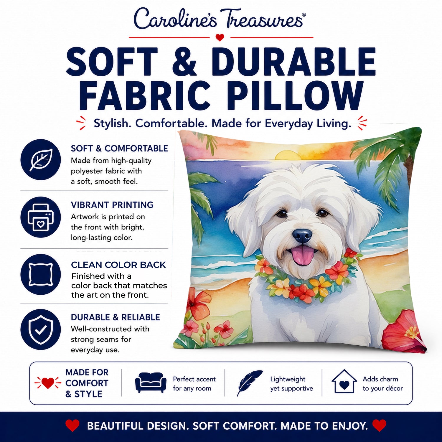 Coton de Tulear Luau Decorative Throw Pillow 14x14 Indoor Outdoor Accent Cushion, Fabric Cover with Insert for Sofa, Bed, Porch & Living Room