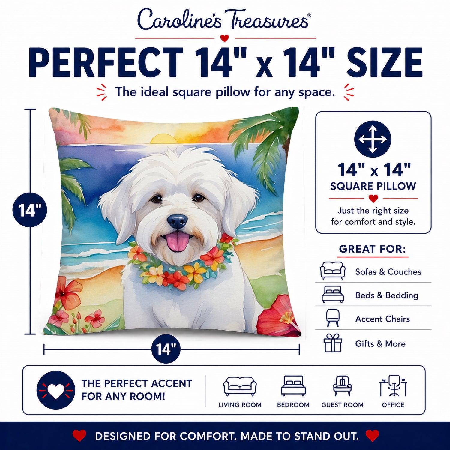 Coton de Tulear Luau Decorative Throw Pillow 14x14 Indoor Outdoor Accent Cushion, Fabric Cover with Insert for Sofa, Bed, Porch & Living Room