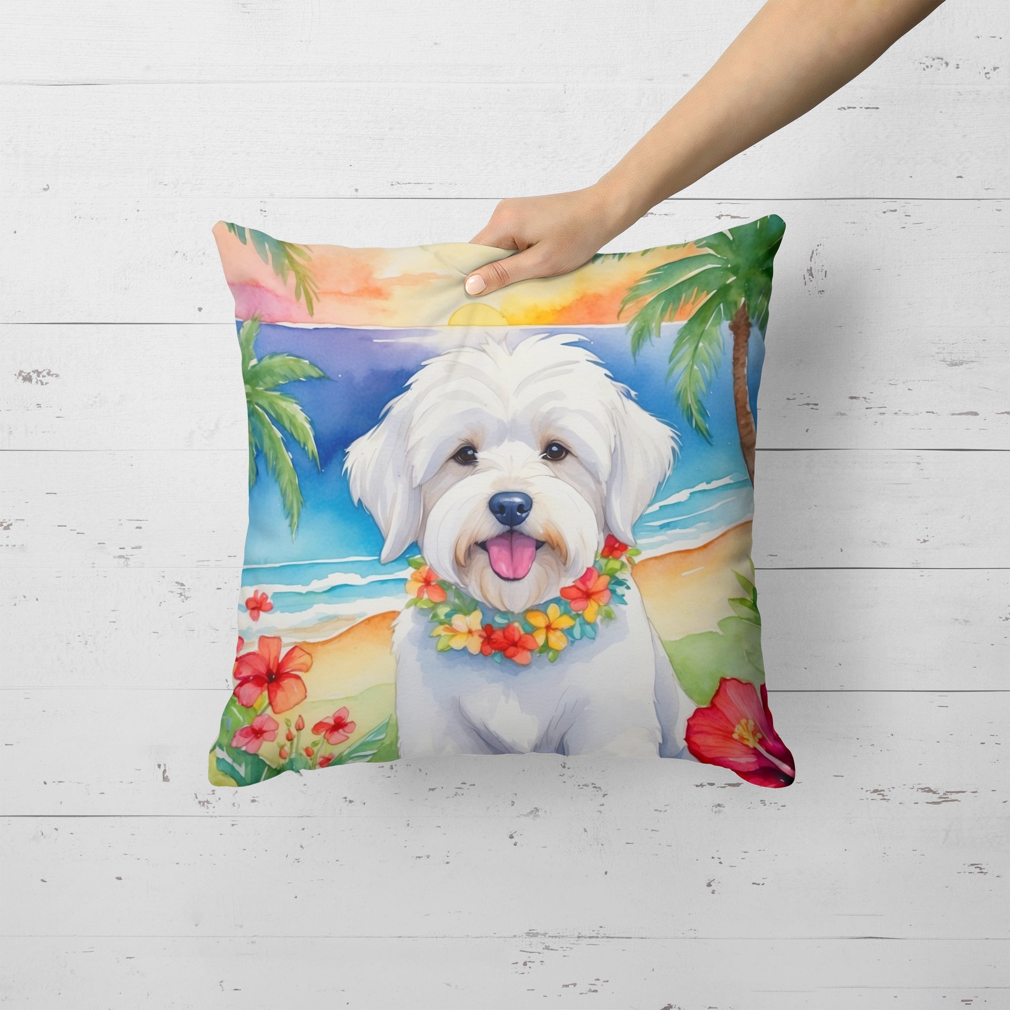 Coton de Tulear Luau Decorative Throw Pillow 18x18 Indoor Outdoor Accent Cushion, Fabric Cover with Insert for Sofa, Bed, Porch & Living Room