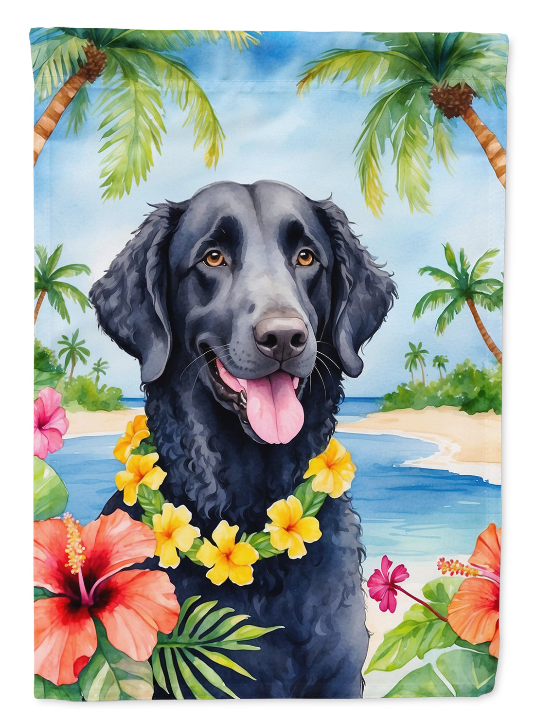Curly-Coated Retriever Luau House Flag 28x40 Porch Sleeve Pole Decorative Outside Yard Banner Artwork Wall Hanging, Polyester