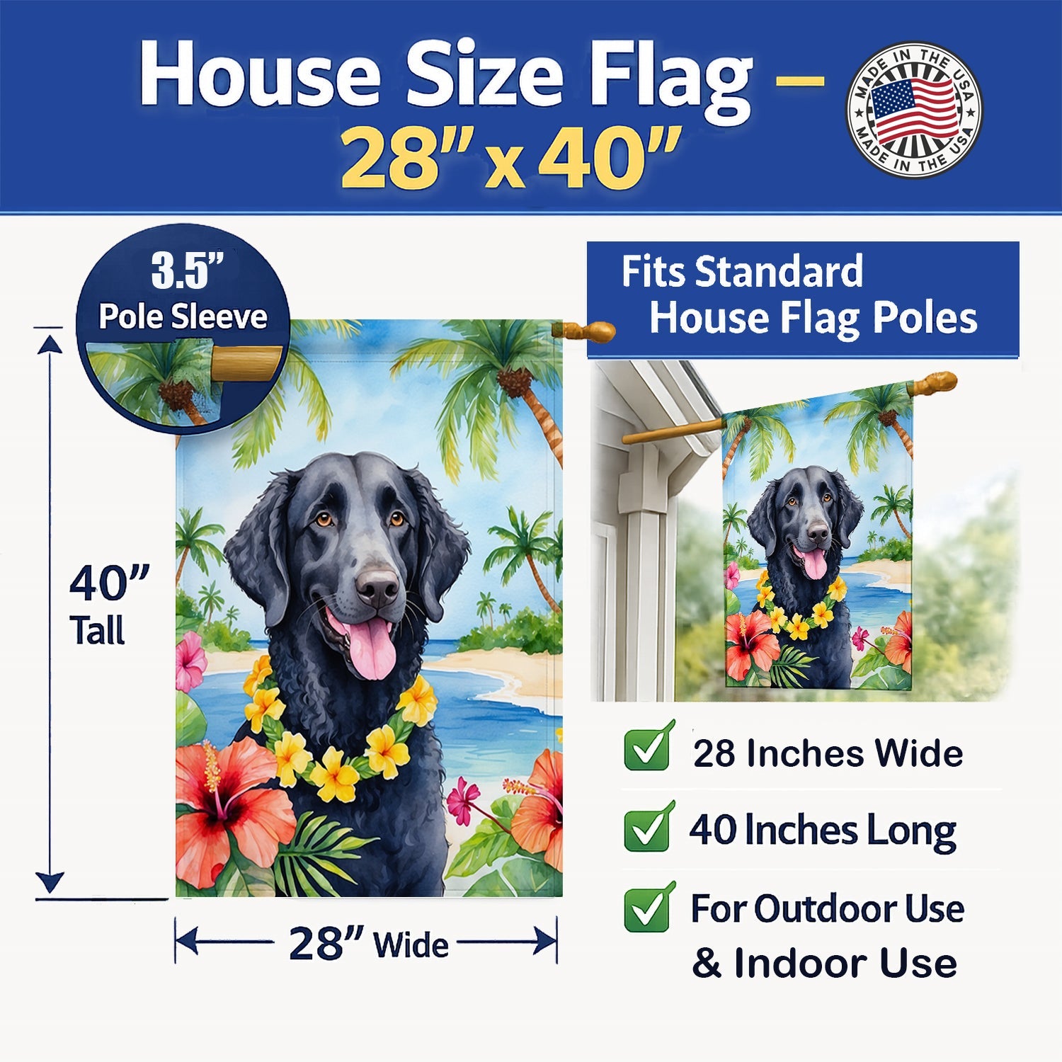 Curly-Coated Retriever Luau House Flag 28x40 Porch Sleeve Pole Decorative Outside Yard Banner Artwork Wall Hanging, Polyester