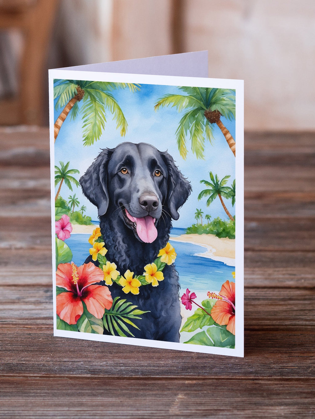 Curly-Coated Retriever Luau Greeting Cards Pack of 8 Blank Cards with Envelopes Whimsical A7 Size 5x7
