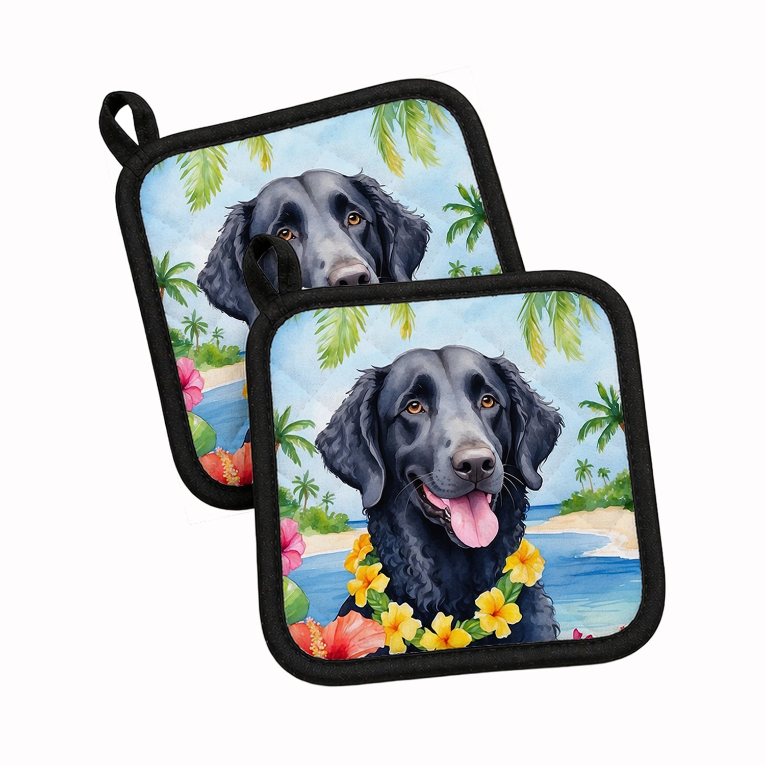 Curly-Coated Retriever Luau Pot Holder Set of 2 Heat Resistant Quilted Hot Pads 7.5 x 7.5 Inch, Insulated Kitchen Trivets for Cooking & Baking