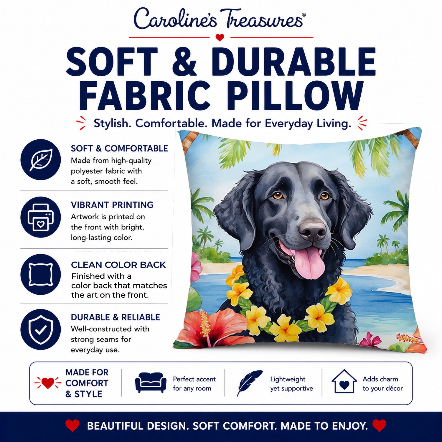 Curly-Coated Retriever Luau Decorative Throw Pillow 14x14 Indoor Outdoor Accent Cushion, Fabric Cover with Insert for Sofa, Bed, Porch & Living Room