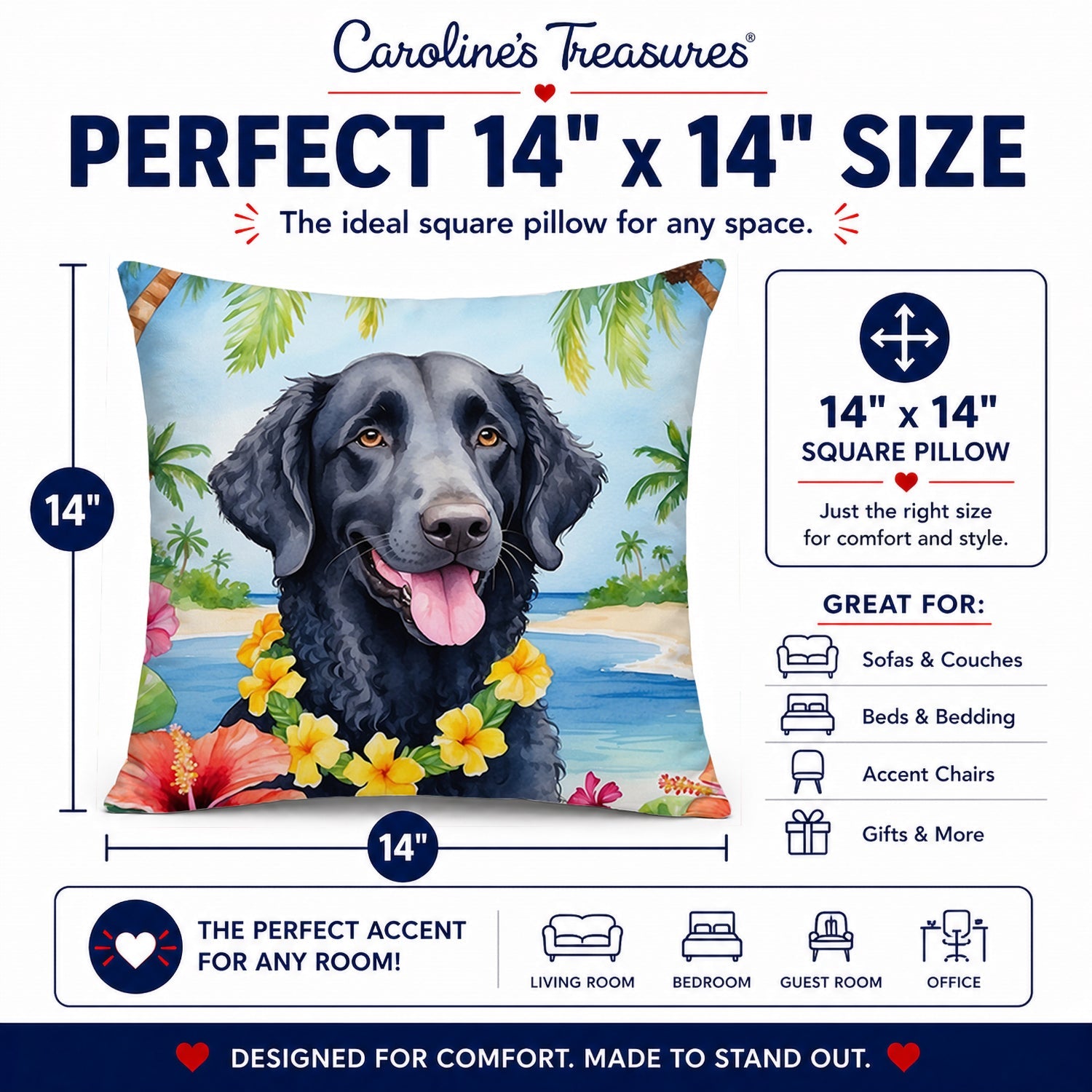 Curly-Coated Retriever Luau Decorative Throw Pillow 14x14 Indoor Outdoor Accent Cushion, Fabric Cover with Insert for Sofa, Bed, Porch & Living Room