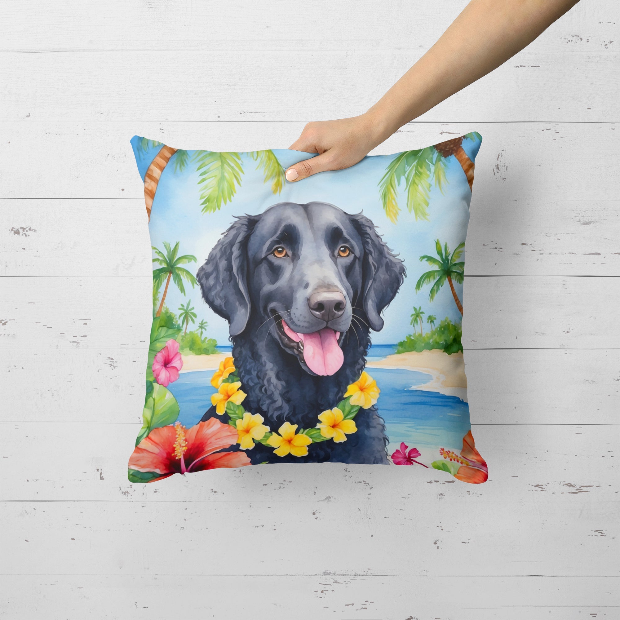 Curly-Coated Retriever Luau Decorative Throw Pillow 18x18 Indoor Outdoor Accent Cushion, Fabric Cover with Insert for Sofa, Bed, Porch & Living Room