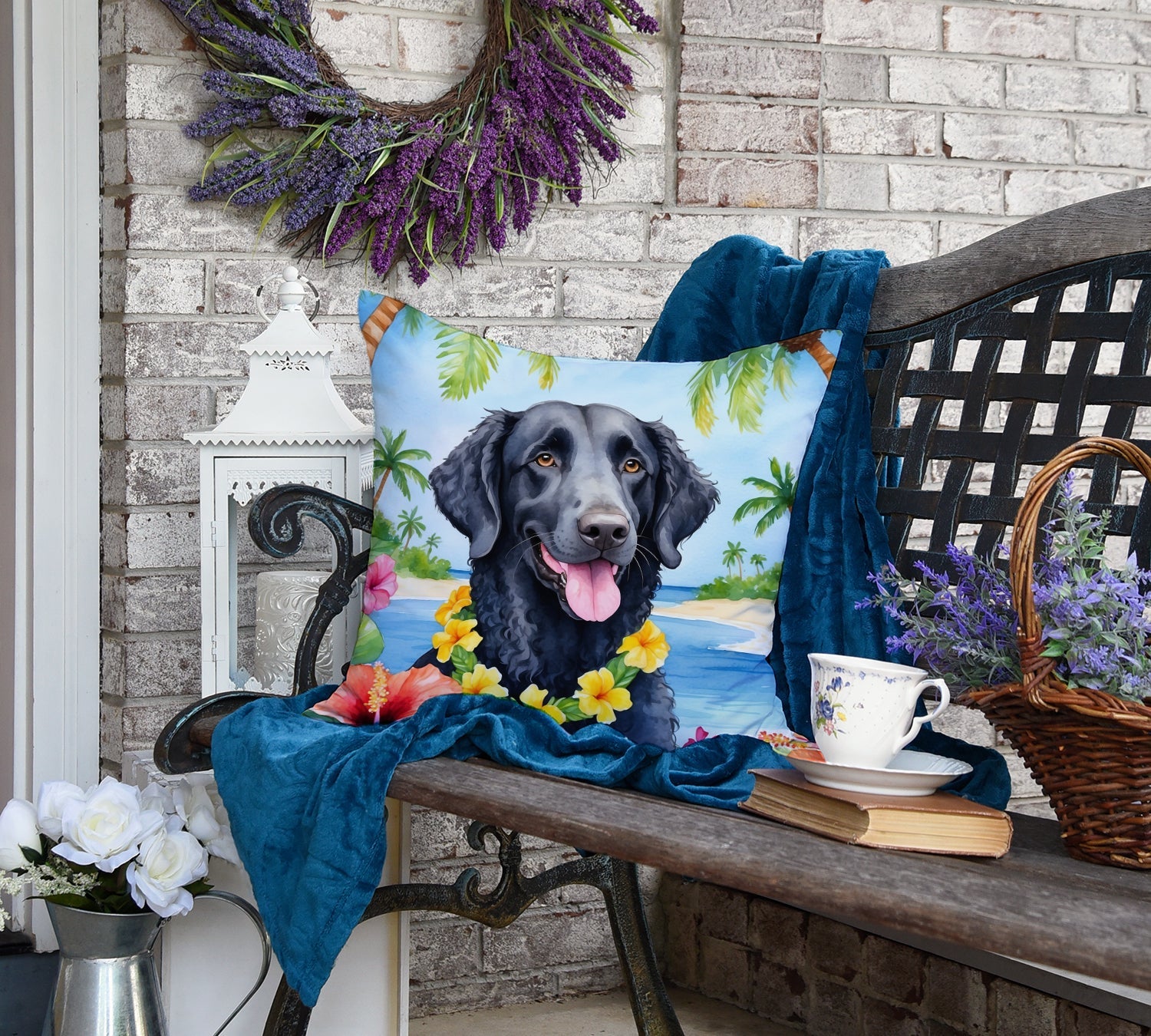 Curly-Coated Retriever Luau Decorative Throw Pillow 18x18 Indoor Outdoor Accent Cushion, Fabric Cover with Insert for Sofa, Bed, Porch & Living Room