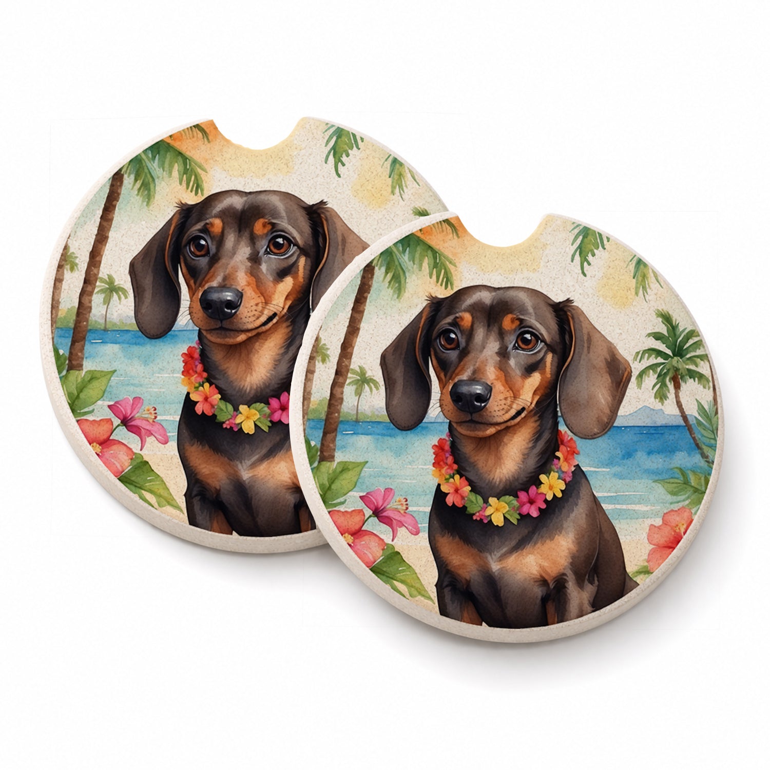 Dachshund Luau Set of 2 Cup Holder Car Coasters Absorbent Round Sandstone Coasters Gifts for Men or Women, 2.5, Multicolor