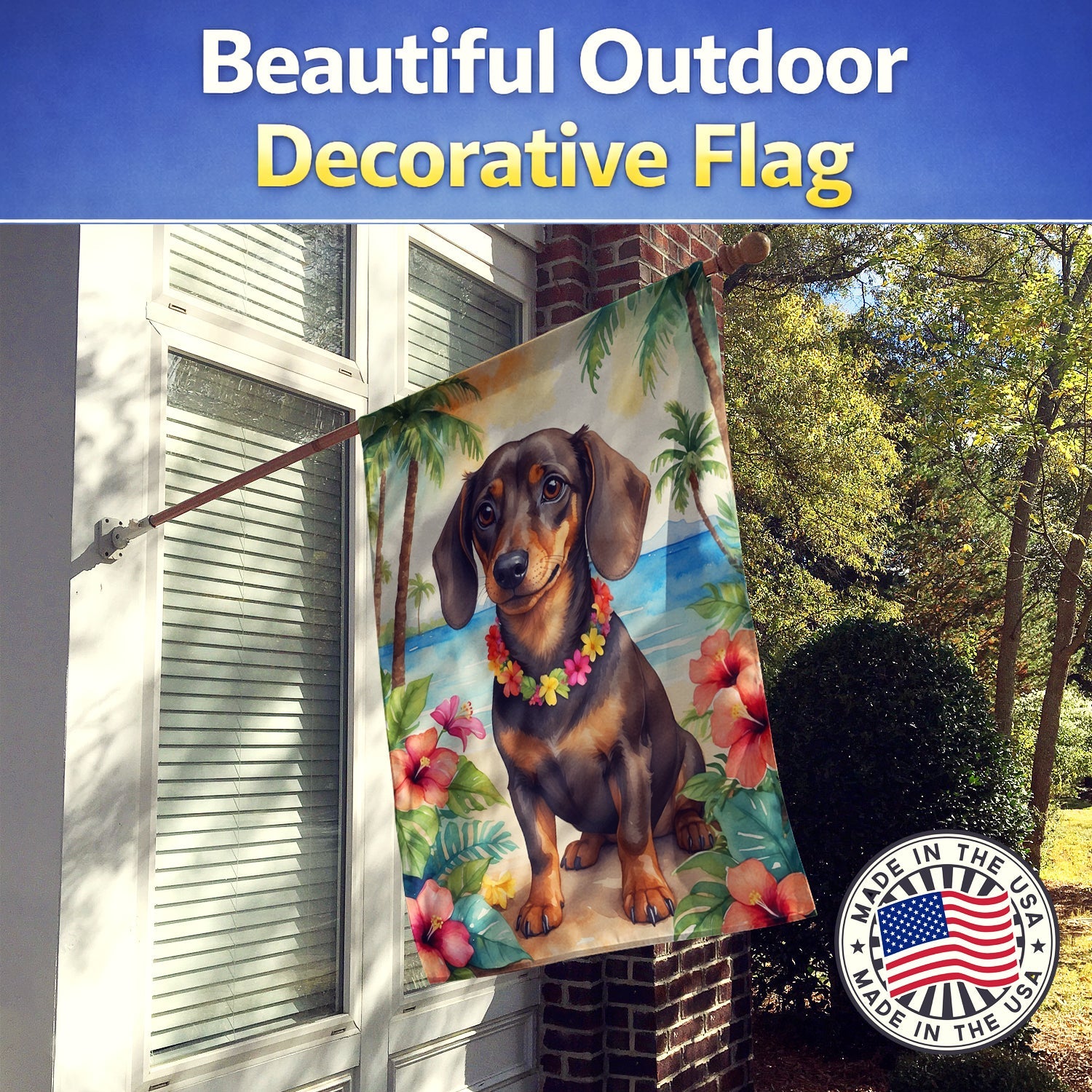Dachshund Luau House Flag 28x40 Porch Sleeve Pole Decorative Outside Yard Banner Artwork Wall Hanging, Polyester