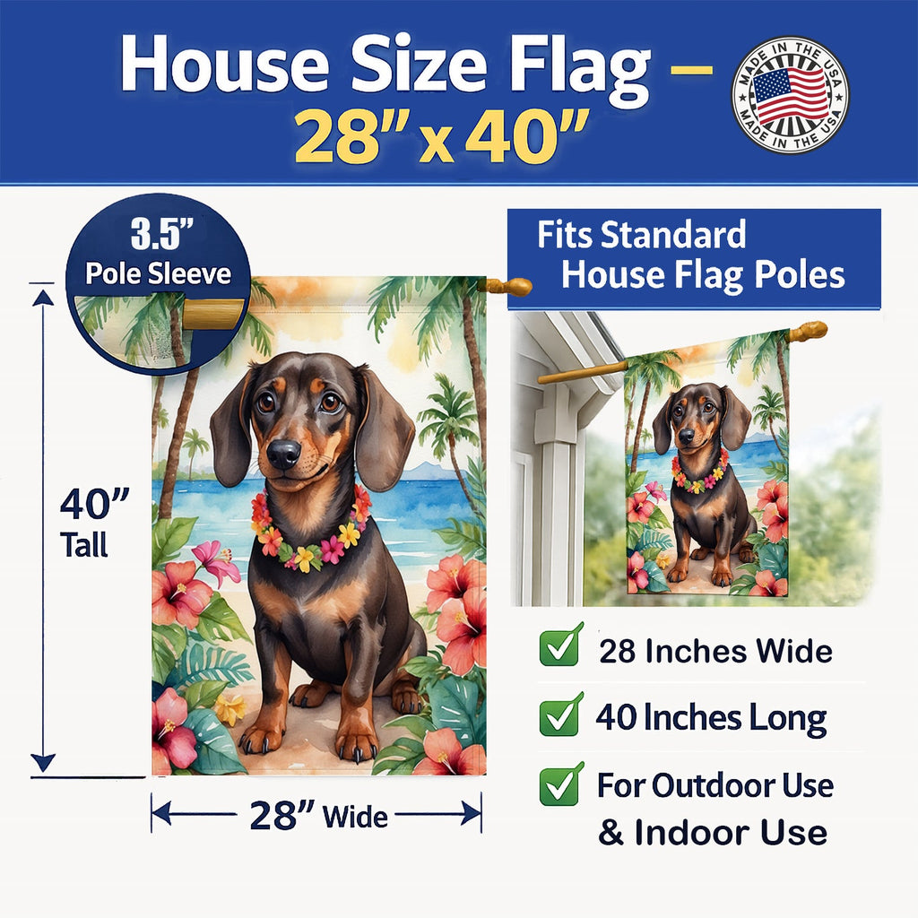 Dachshund Luau House Flag 28x40 Porch Sleeve Pole Decorative Outside Yard Banner Artwork Wall Hanging, Polyester