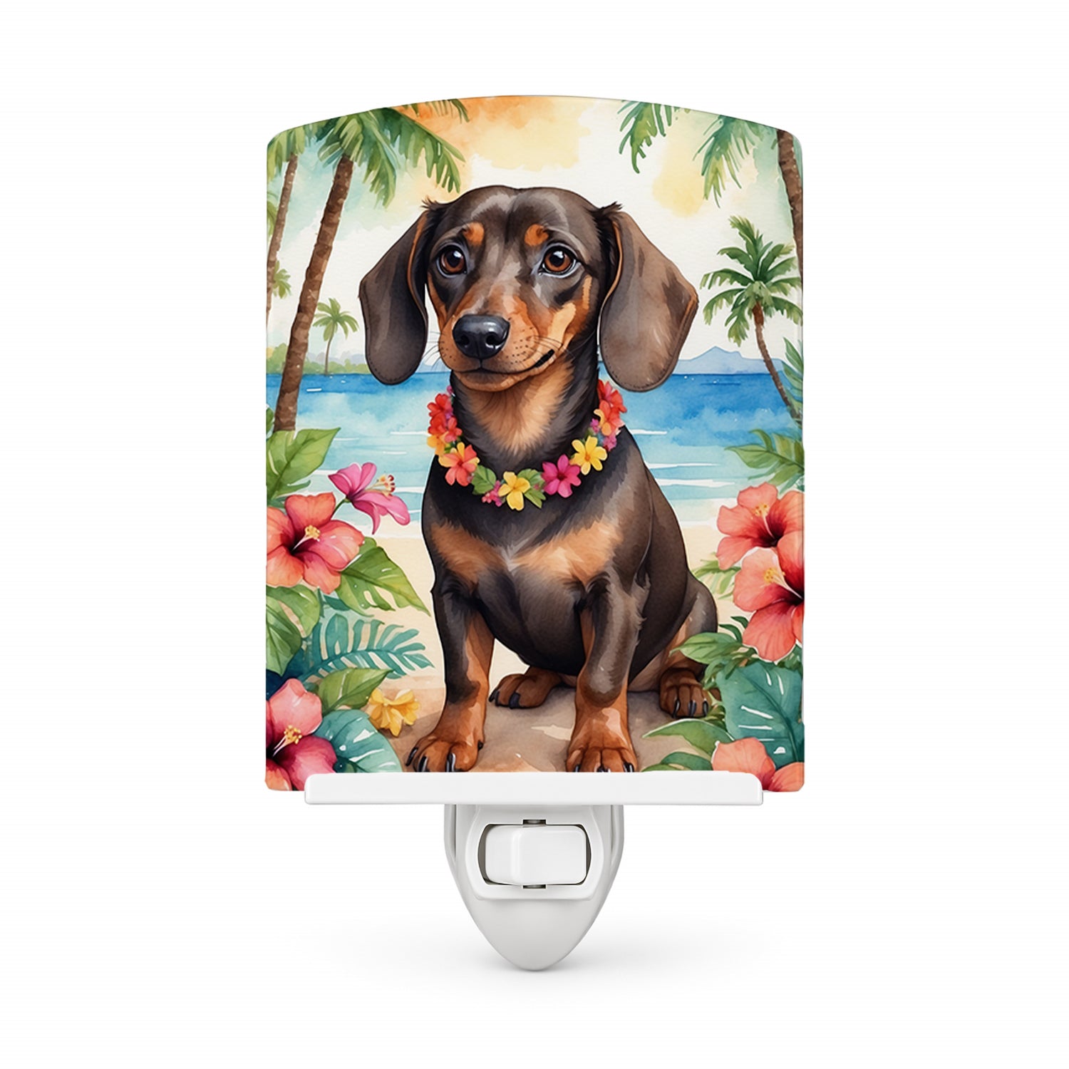Dachshund Luau Ceramic Night Light Compact, UL-Certified, Ideal for Bedroom, Bathroom, Nursery, Hallway, Kitchen, 6x4x3, Multicolor