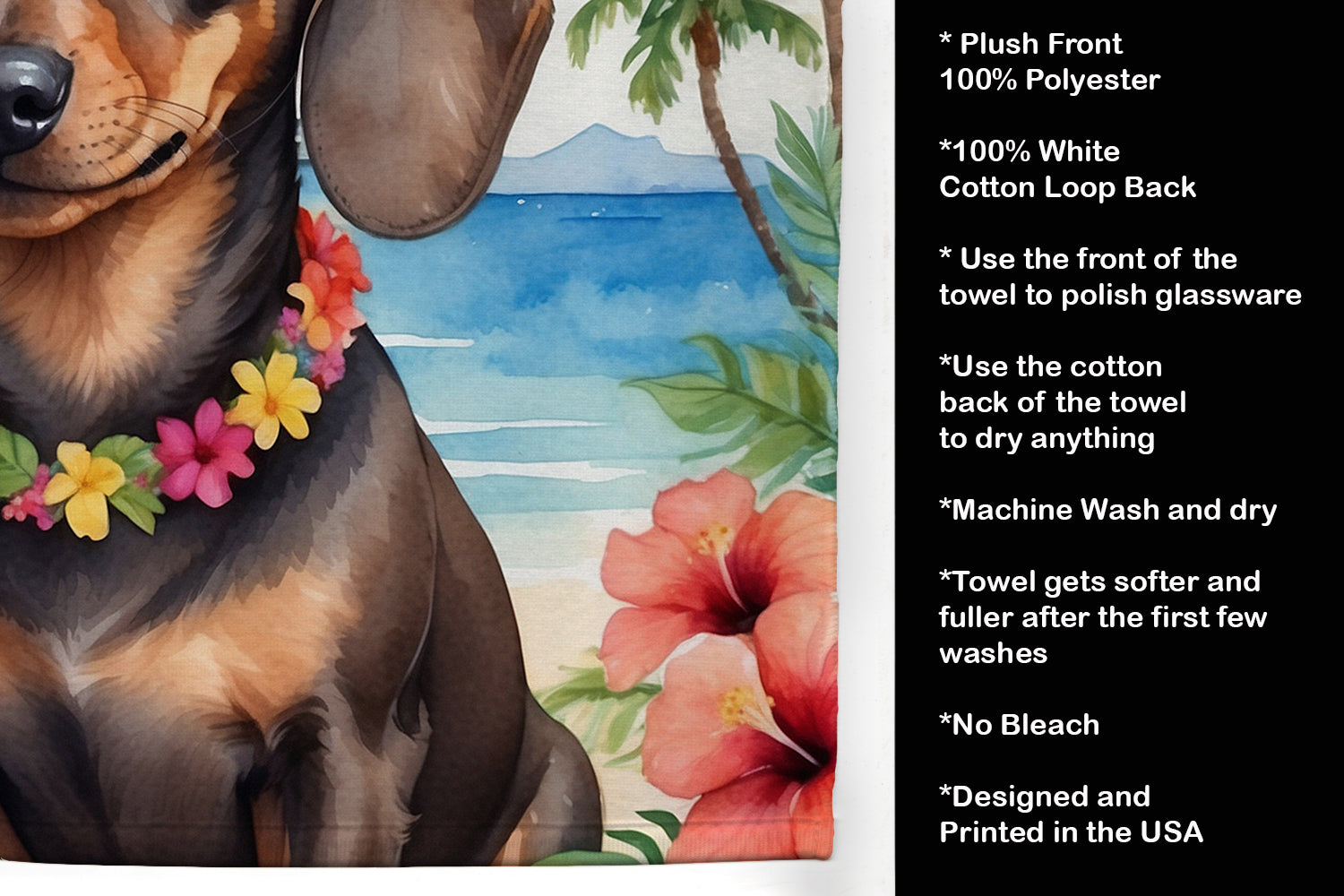 Dachshund Luau Kitchen Towel Velour Plush Front and Cotton Loop Back Machine Washable