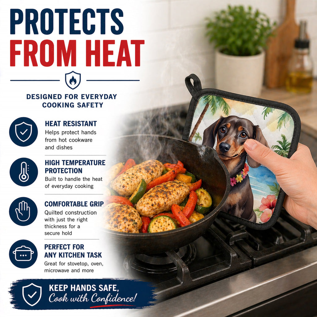 Dachshund Luau Pot Holder Set of 2 Heat Resistant Quilted Hot Pads 7.5 x 7.5 Inch, Insulated Kitchen Trivets for Cooking & Baking