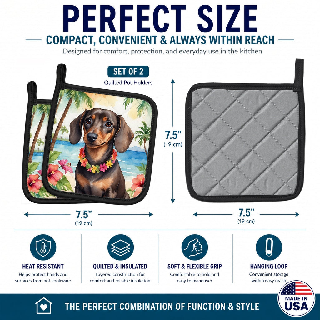 Dachshund Luau Pot Holder Set of 2 Heat Resistant Quilted Hot Pads 7.5 x 7.5 Inch, Insulated Kitchen Trivets for Cooking & Baking