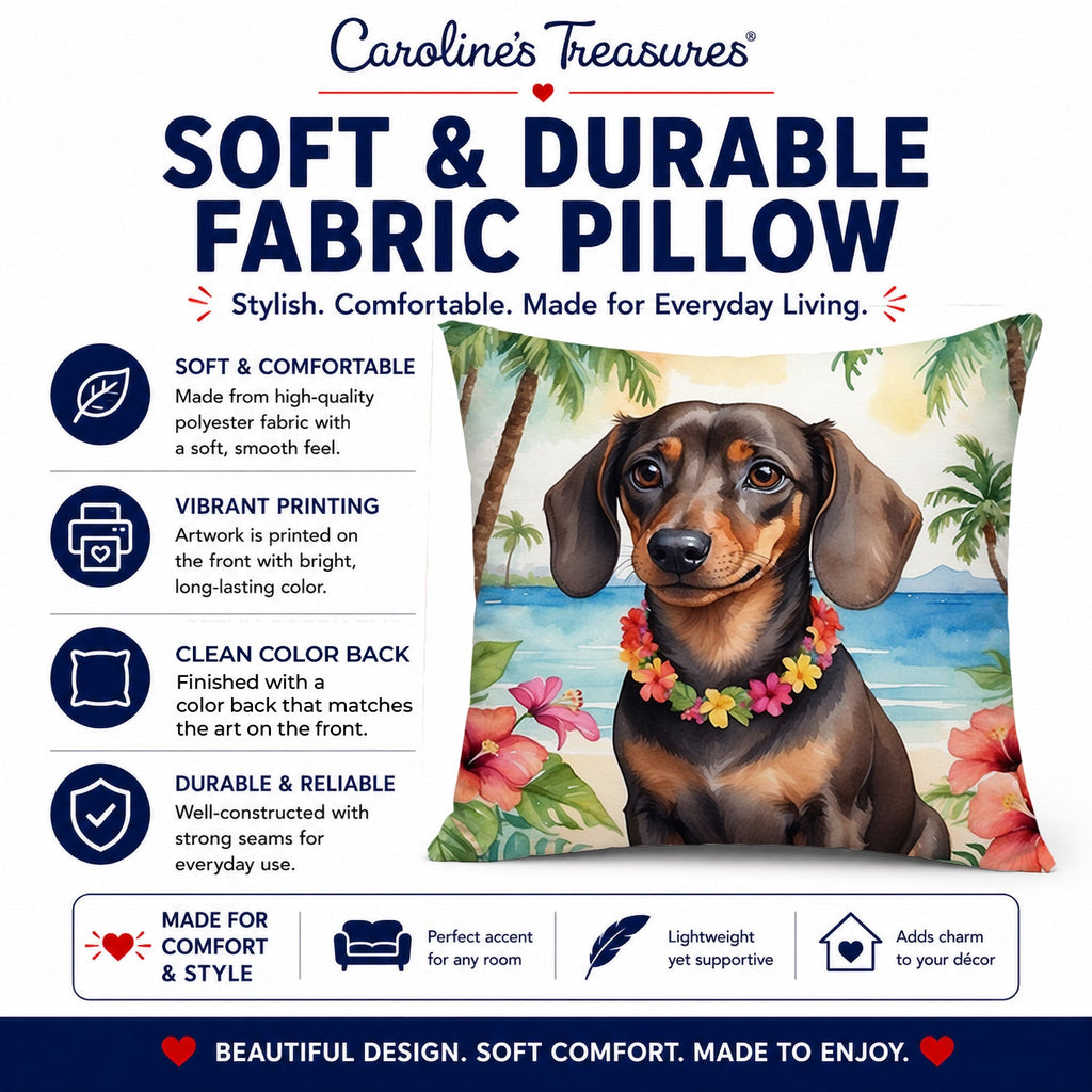 Dachshund Luau Decorative Throw Pillow 14x14 Indoor Outdoor Accent Cushion, Fabric Cover with Insert for Sofa, Bed, Porch & Living Room
