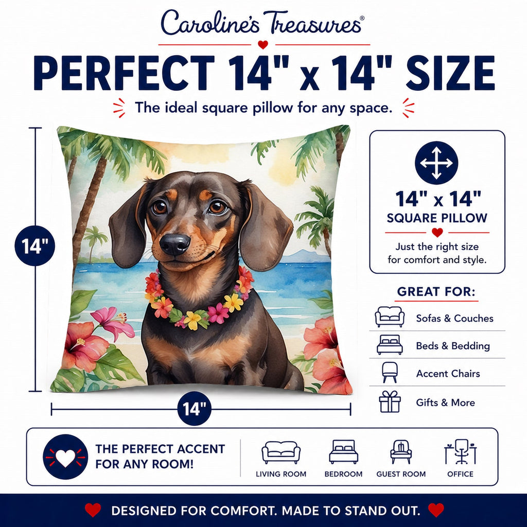 Dachshund Luau Decorative Throw Pillow 14x14 Indoor Outdoor Accent Cushion, Fabric Cover with Insert for Sofa, Bed, Porch & Living Room