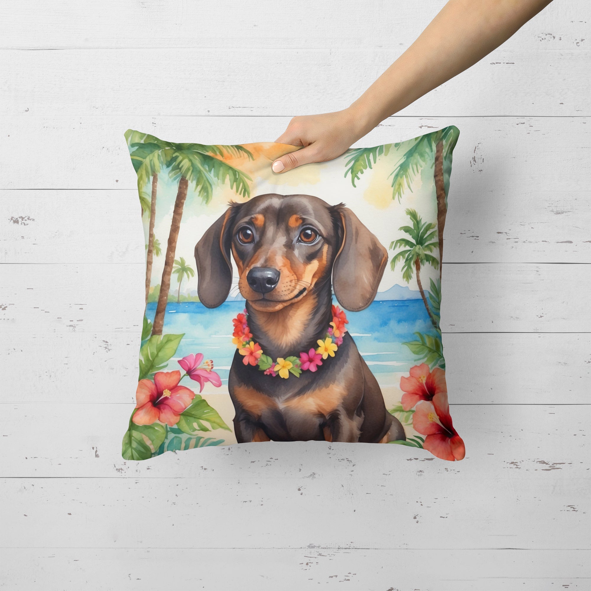 Dachshund Luau Decorative Throw Pillow 18x18 Indoor Outdoor Accent Cushion, Fabric Cover with Insert for Sofa, Bed, Porch & Living Room