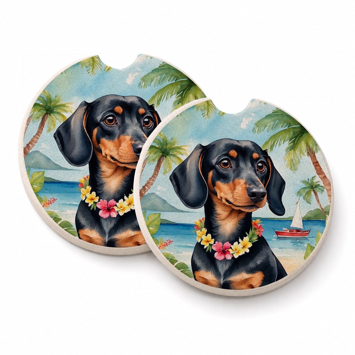 Dachshund Luau Set of 2 Cup Holder Car Coasters Absorbent Round Sandstone Coasters Gifts for Men or Women, 2.5, Multicolor