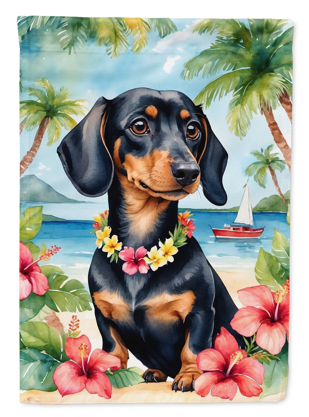 Dachshund Luau House Flag 28x40 Porch Sleeve Pole Decorative Outside Yard Banner Artwork Wall Hanging, Polyester