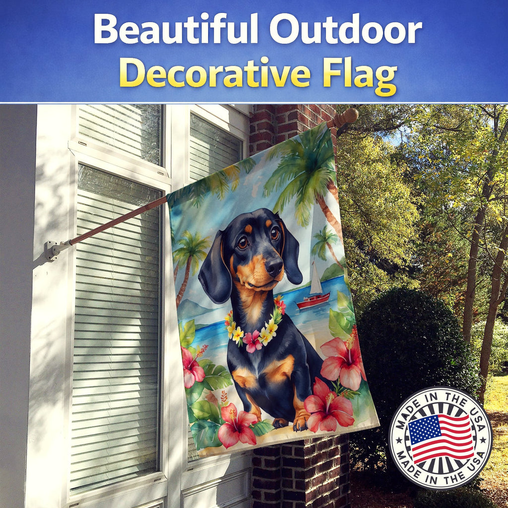 Dachshund Luau House Flag 28x40 Porch Sleeve Pole Decorative Outside Yard Banner Artwork Wall Hanging, Polyester