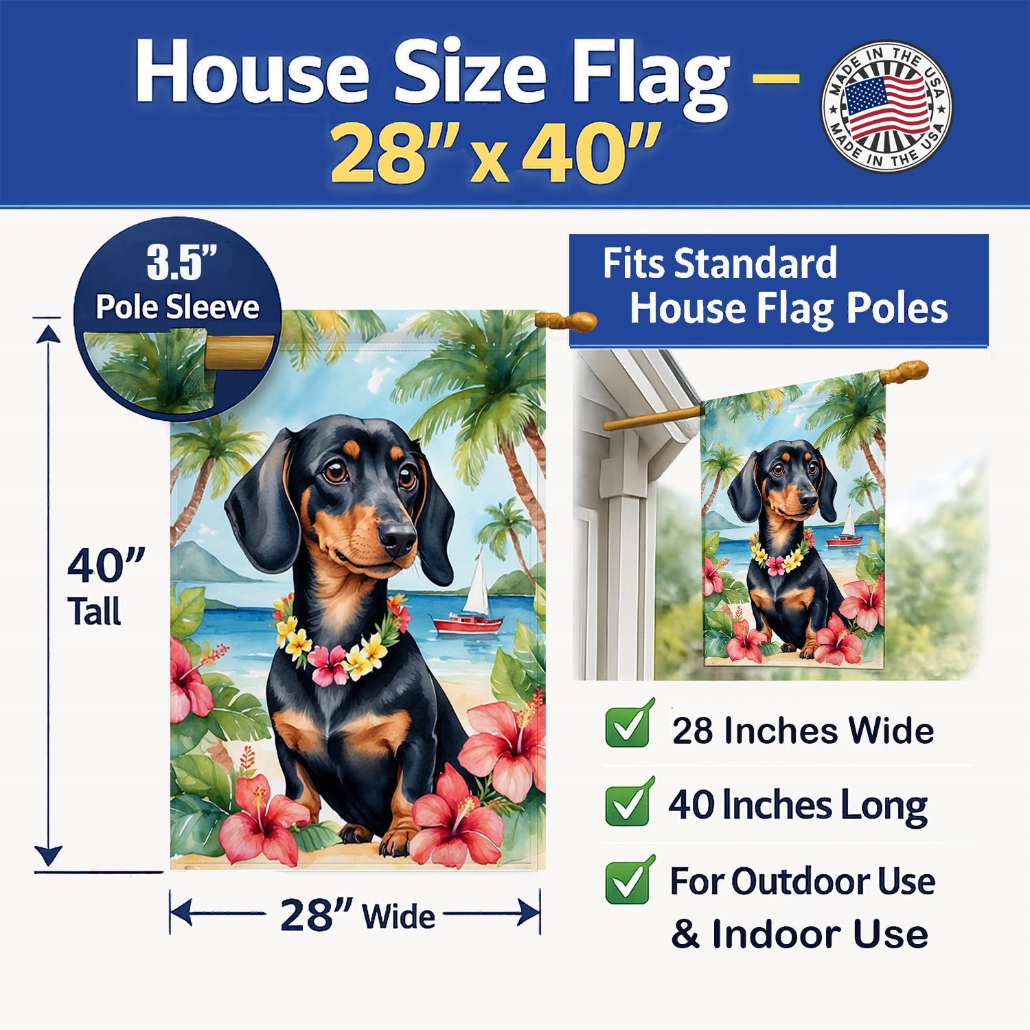 Dachshund Luau House Flag 28x40 Porch Sleeve Pole Decorative Outside Yard Banner Artwork Wall Hanging, Polyester