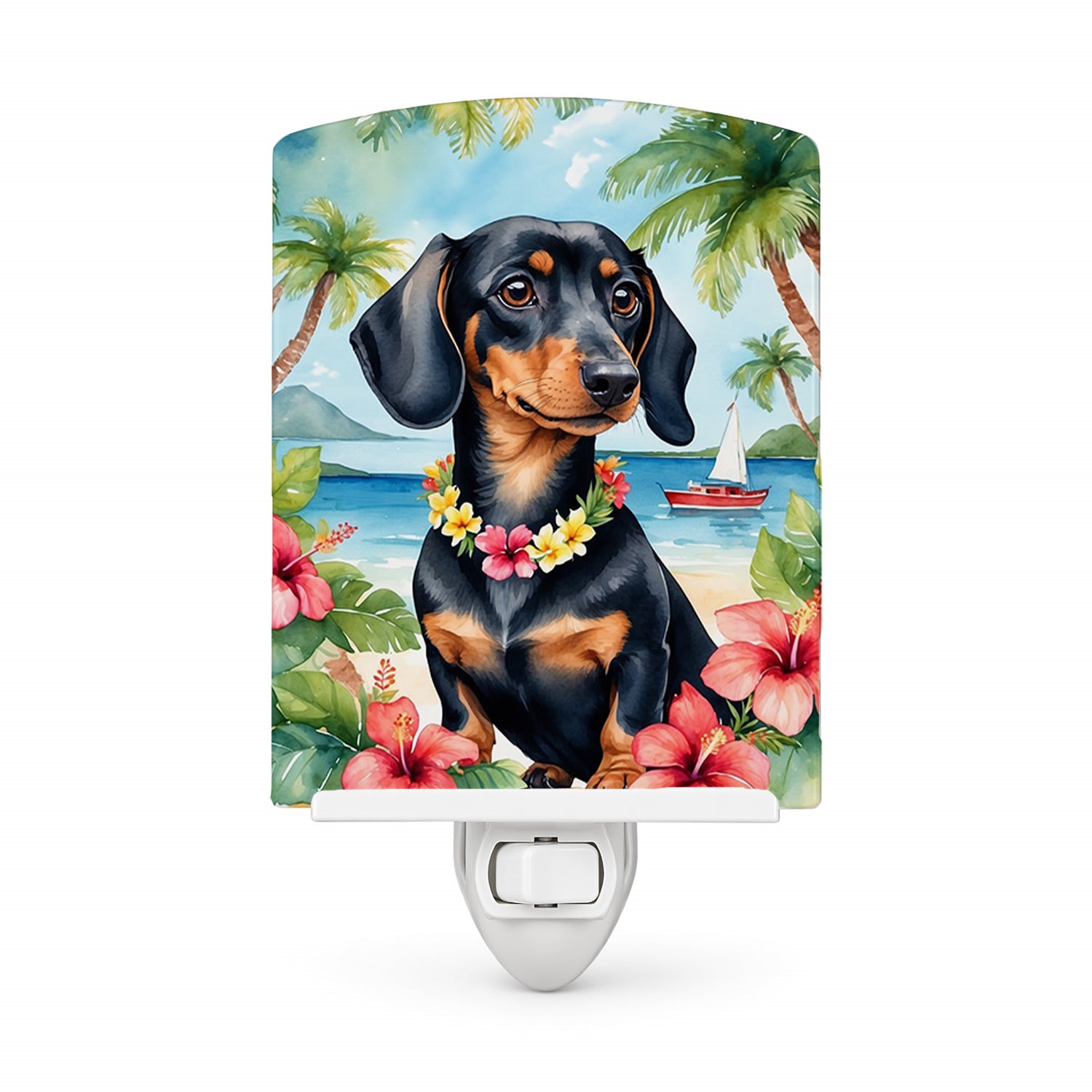 Dachshund Luau Ceramic Night Light Compact, UL-Certified, Ideal for Bedroom, Bathroom, Nursery, Hallway, Kitchen, 6x4x3, Multicolor