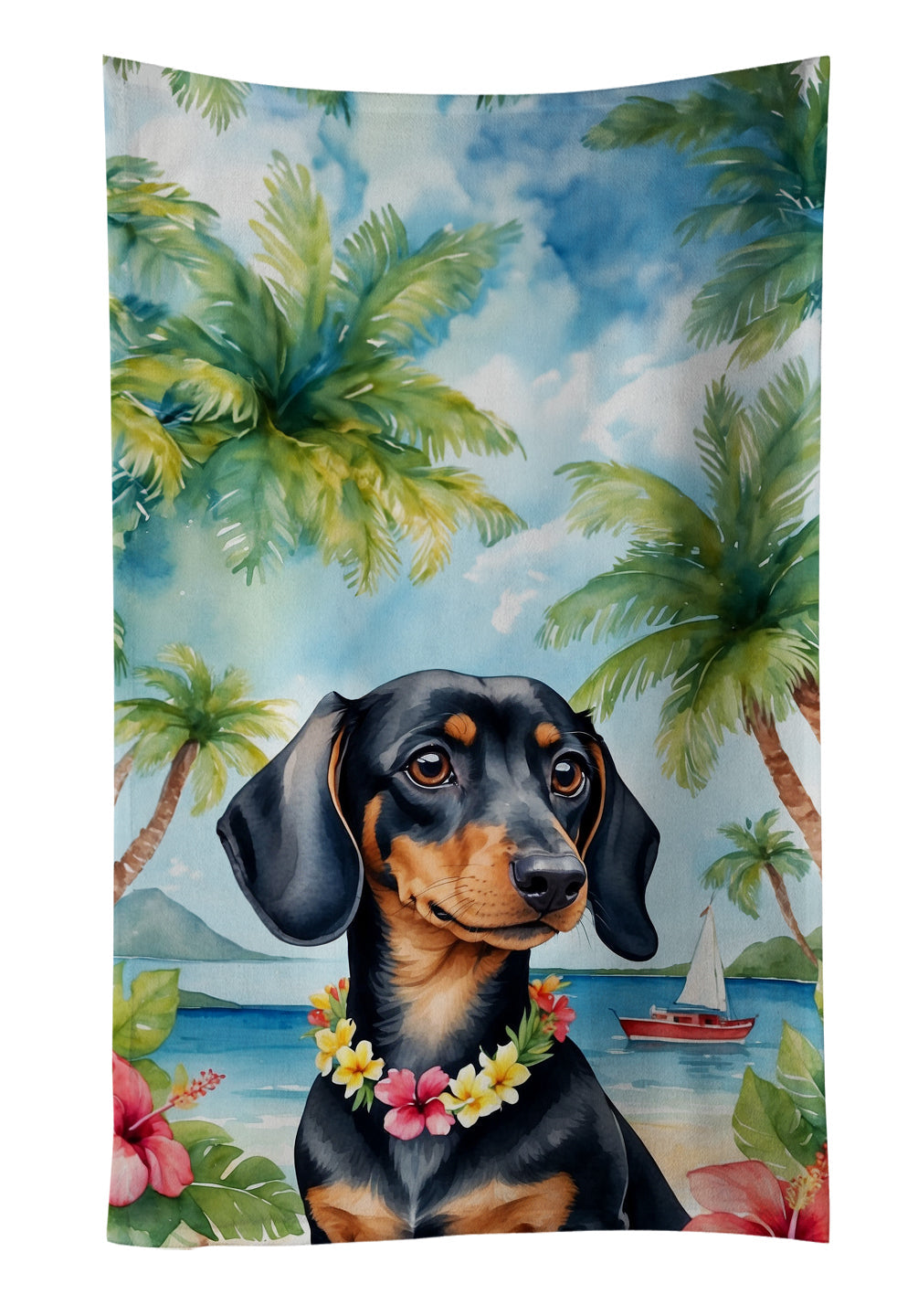 Dachshund Luau Kitchen Towel Velour Plush Front and Cotton Loop Back Machine Washable