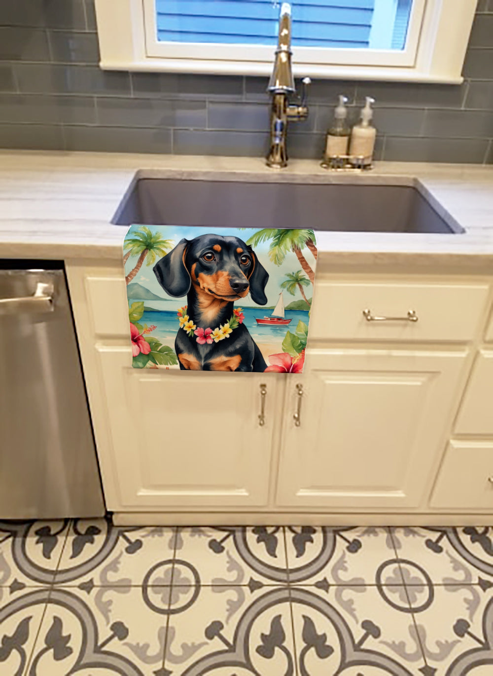 Dachshund Luau Kitchen Towel Velour Plush Front and Cotton Loop Back Machine Washable