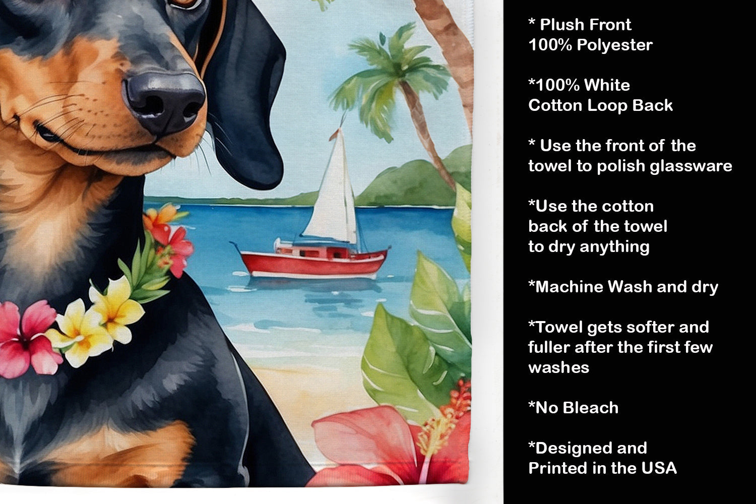 Dachshund Luau Kitchen Towel Velour Plush Front and Cotton Loop Back Machine Washable