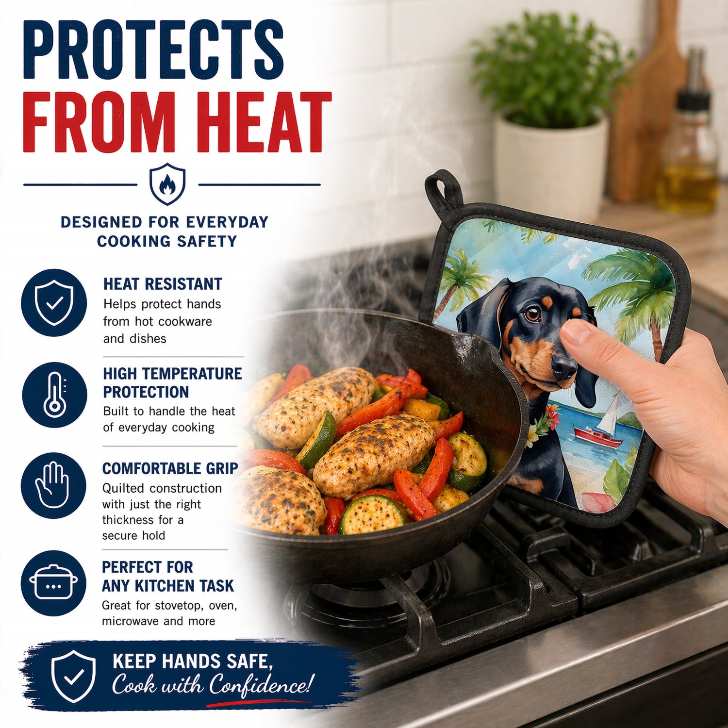 Dachshund Luau Pot Holder Set of 2 Heat Resistant Quilted Hot Pads 7.5 x 7.5 Inch, Insulated Kitchen Trivets for Cooking & Baking