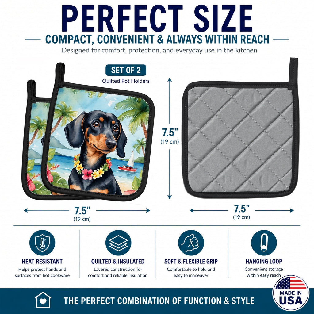 Dachshund Luau Pot Holder Set of 2 Heat Resistant Quilted Hot Pads 7.5 x 7.5 Inch, Insulated Kitchen Trivets for Cooking & Baking