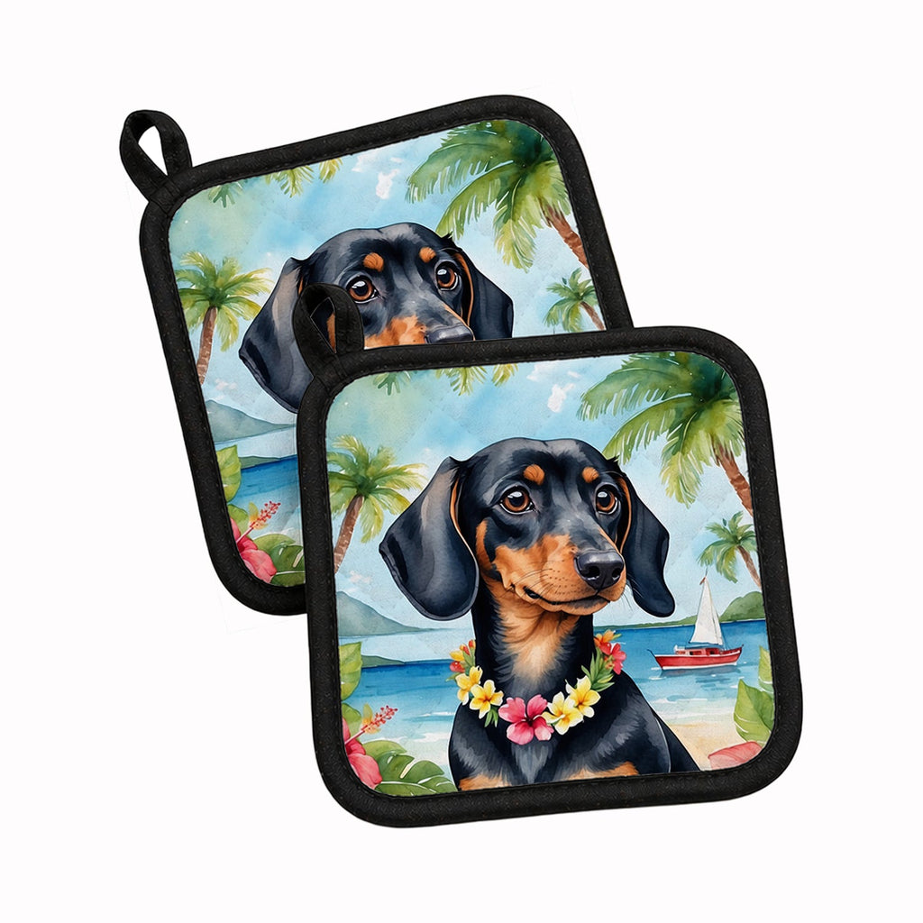 Dachshund Luau Pot Holder Set of 2 Heat Resistant Quilted Hot Pads 7.5 x 7.5 Inch, Insulated Kitchen Trivets for Cooking & Baking