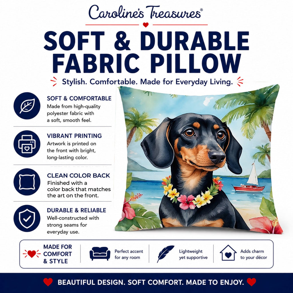 Dachshund Luau Decorative Throw Pillow 14x14 Indoor Outdoor Accent Cushion, Fabric Cover with Insert for Sofa, Bed, Porch & Living Room