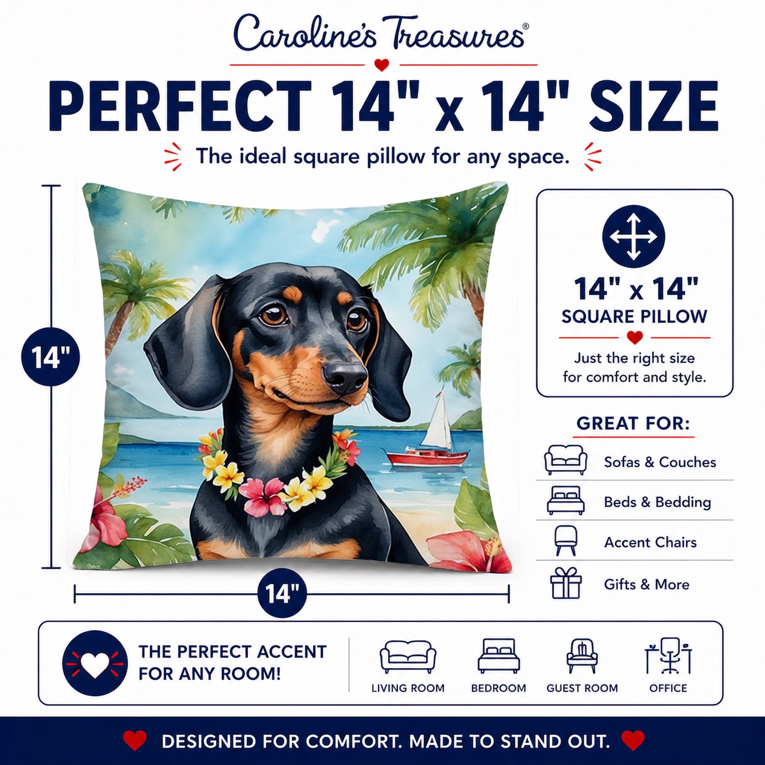 Dachshund Luau Decorative Throw Pillow 14x14 Indoor Outdoor Accent Cushion, Fabric Cover with Insert for Sofa, Bed, Porch & Living Room