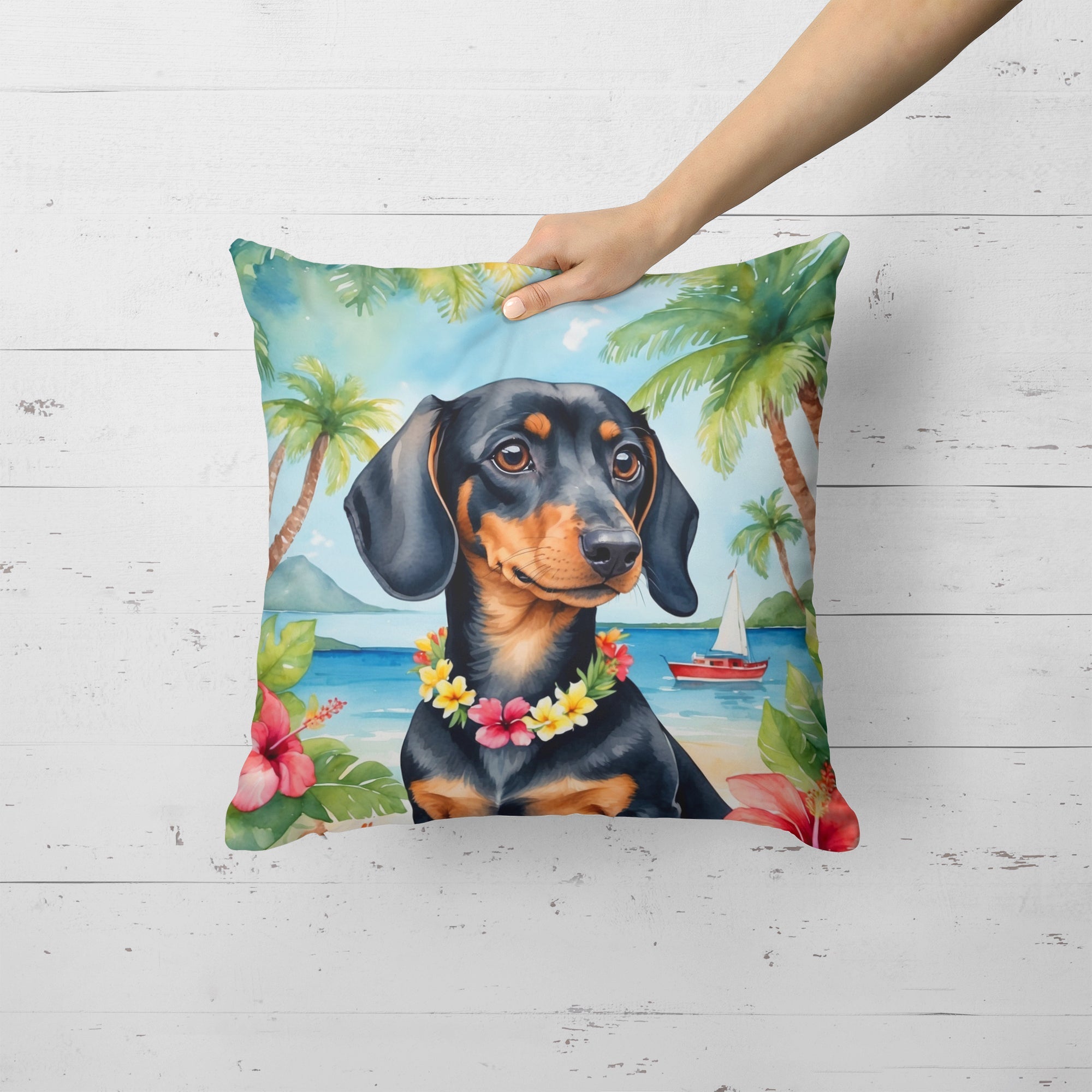 Dachshund Luau Decorative Throw Pillow 18x18 Indoor Outdoor Accent Cushion, Fabric Cover with Insert for Sofa, Bed, Porch & Living Room