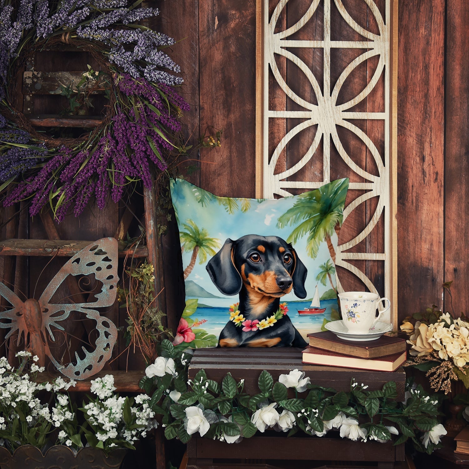 Dachshund Luau Decorative Throw Pillow 18x18 Indoor Outdoor Accent Cushion, Fabric Cover with Insert for Sofa, Bed, Porch & Living Room
