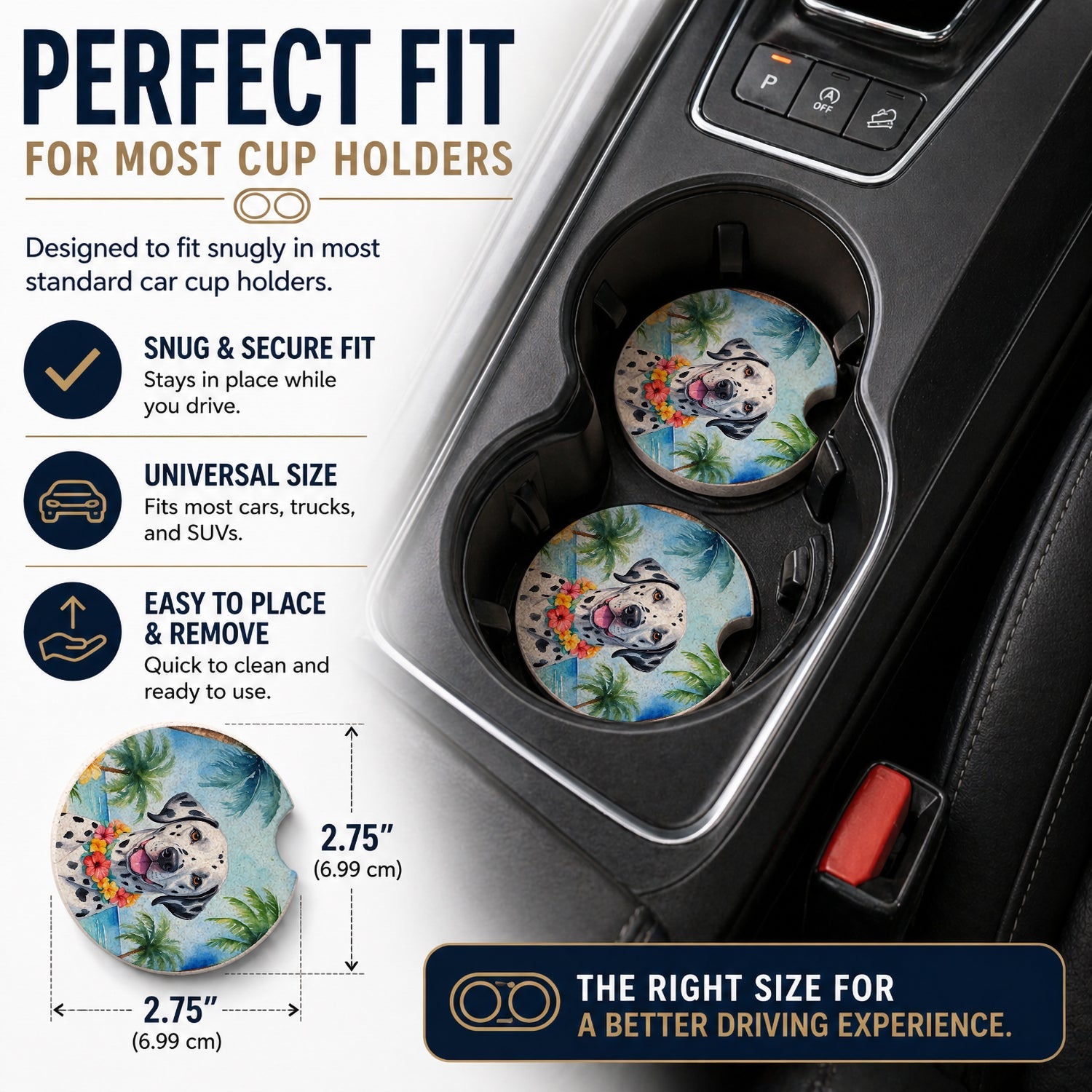 Dalmatian Luau Set of 2 Cup Holder Car Coasters Absorbent Round Sandstone Coasters Gifts for Men or Women, 2.5, Multicolor