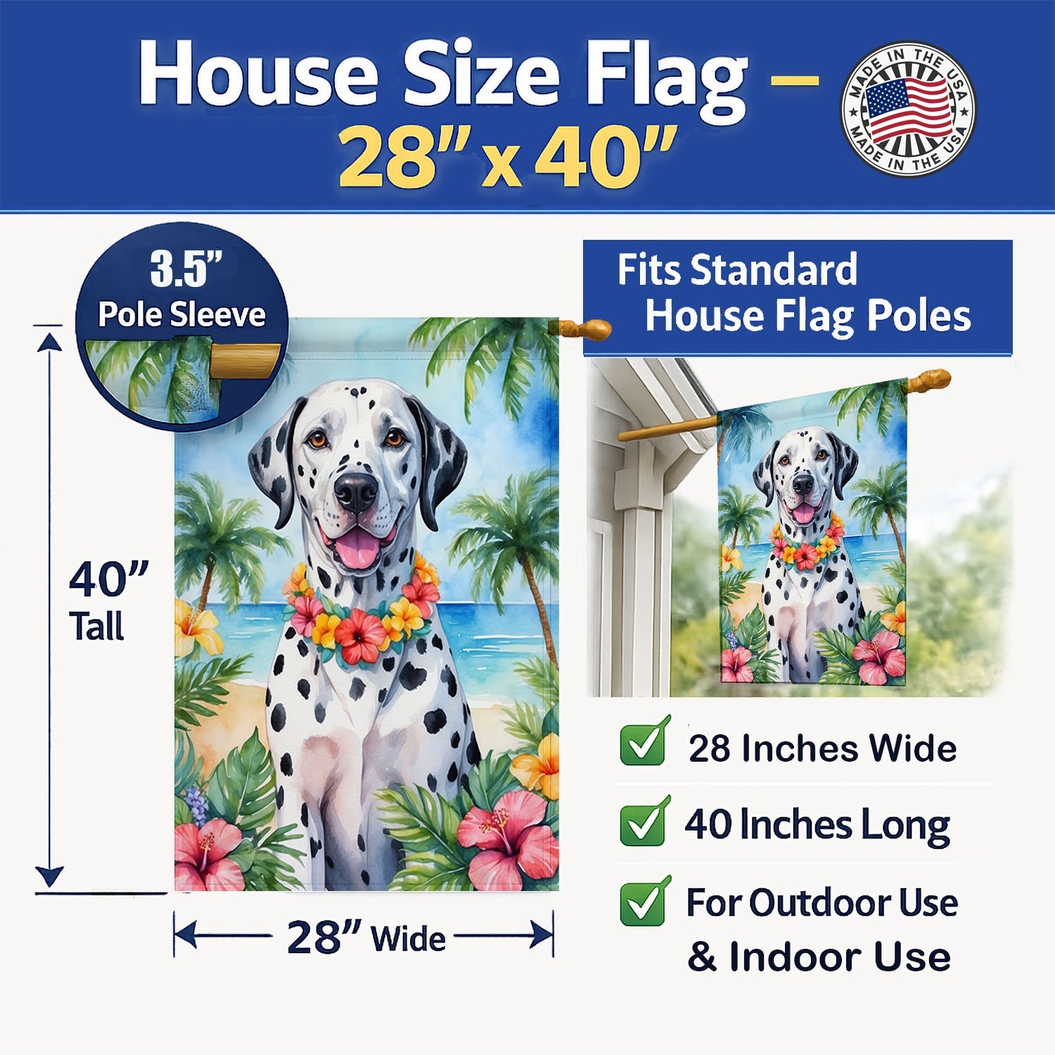 Dalmatian Luau House Flag 28x40 Porch Sleeve Pole Decorative Outside Yard Banner Artwork Wall Hanging, Polyester