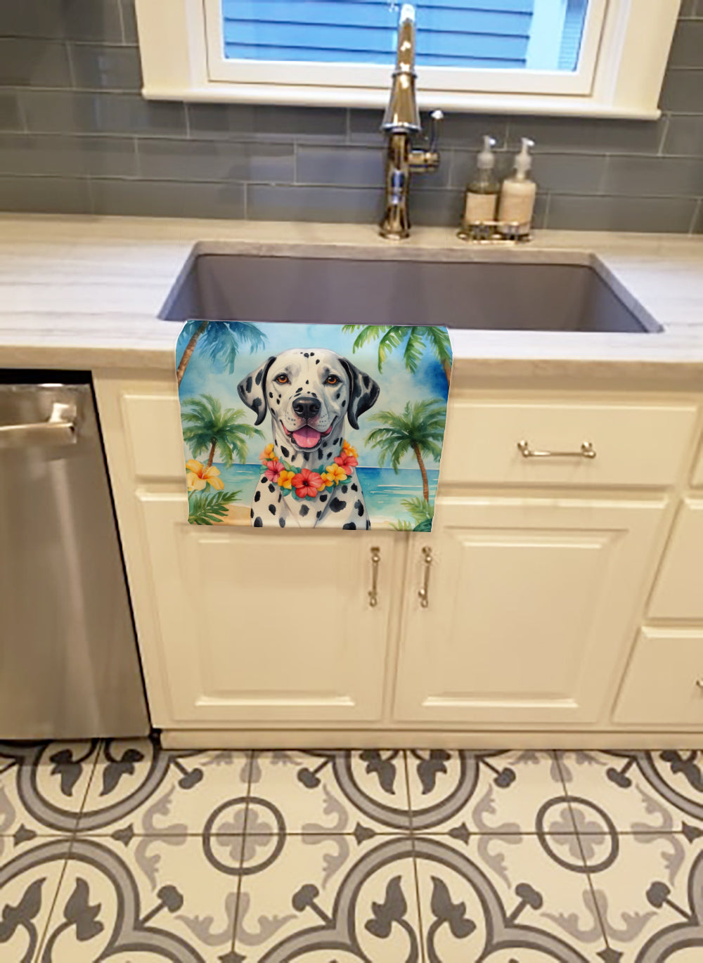 Dalmatian Luau Kitchen Towel Velour Plush Front and Cotton Loop Back Machine Washable