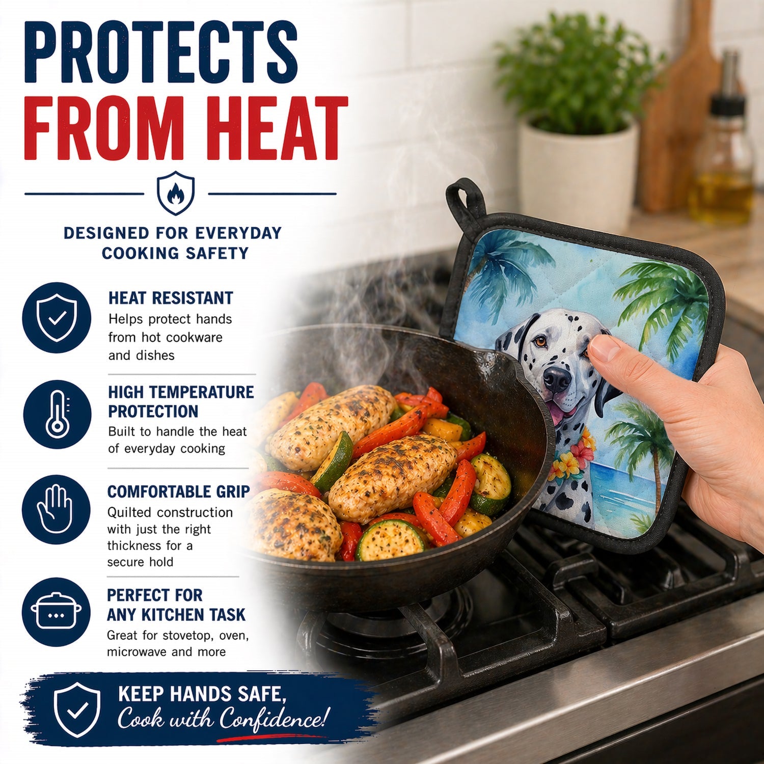 Dalmatian Luau Pot Holder Set of 2 Heat Resistant Quilted Hot Pads 7.5 x 7.5 Inch, Insulated Kitchen Trivets for Cooking & Baking