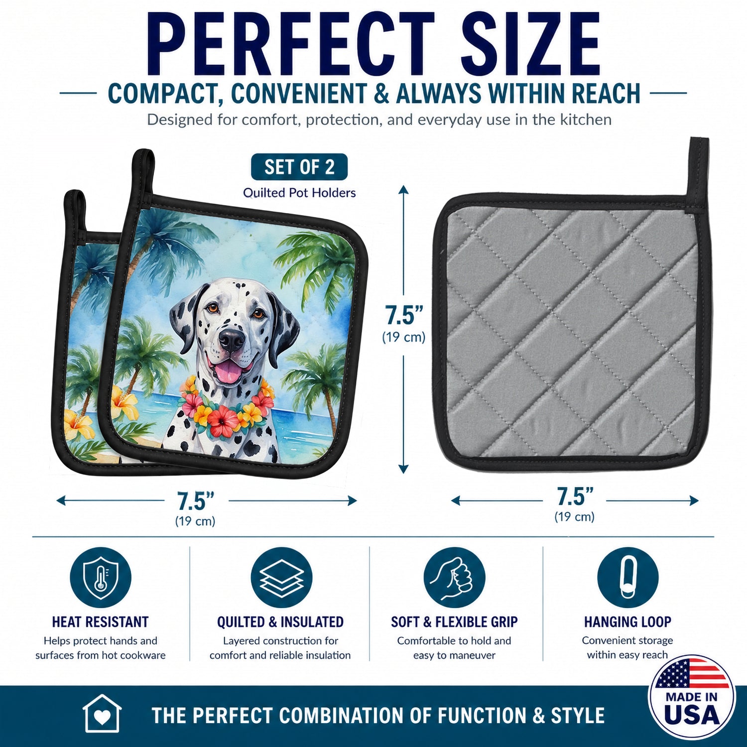 Dalmatian Luau Pot Holder Set of 2 Heat Resistant Quilted Hot Pads 7.5 x 7.5 Inch, Insulated Kitchen Trivets for Cooking & Baking