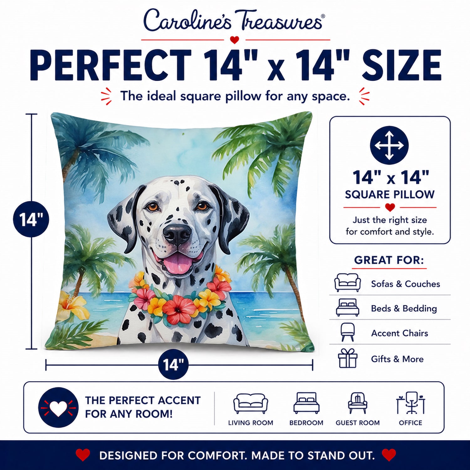 Dalmatian Luau Decorative Throw Pillow 14x14 Indoor Outdoor Accent Cushion, Fabric Cover with Insert for Sofa, Bed, Porch & Living Room